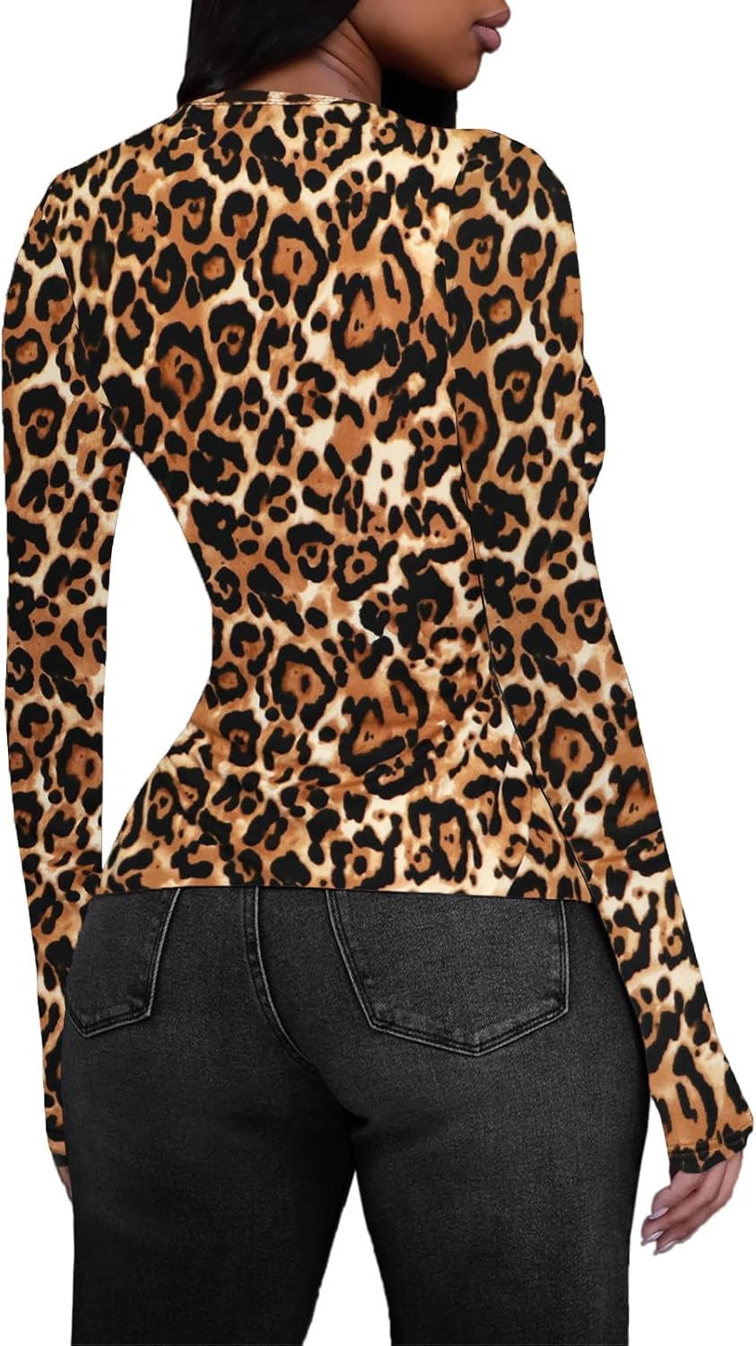 Women's Long Sleeve Basic Tops - Crew Neck Leopard Print Casual Going Out Y2K Fall Top Fitted T Shirt Clothes Animal Brown XXL - Image 5