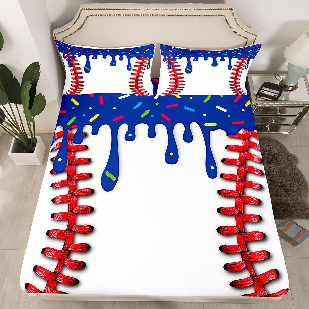Full Size Baseball Cream Bed Sheets Set 16" Deep Pocket Boys Girls Ice Cooling Bedding for Kids Women Men Ultra Soft Sport Baseball Fitted Sheet with 2 Pillowcases Deep Blue Red Room Decor Microfiber