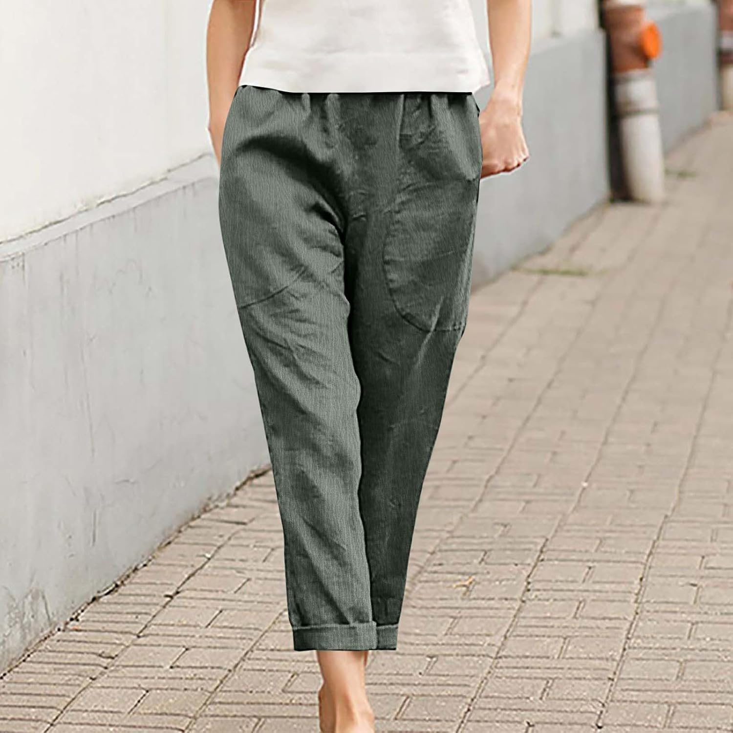 Women's Straight Leg Casual Pants Summer Lightweight Elastic High Waist Lounge Beach Palazzo Trousers with Pockets