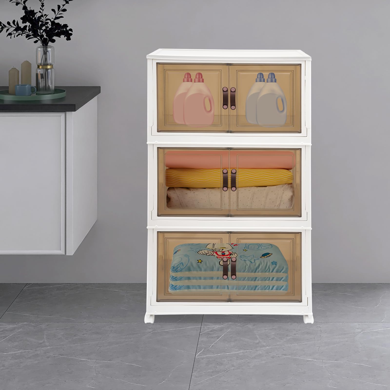 3PCS faltbare Lagerschränke,Stapelbare Kunststoff Aufbewahrungsboxen,Stapelbare Lagerbehälter,Stapelbare Lagerbehälter mit Rädern,für Schlafzimmer,Wohnzimmer,Küche,Bad,Toilette