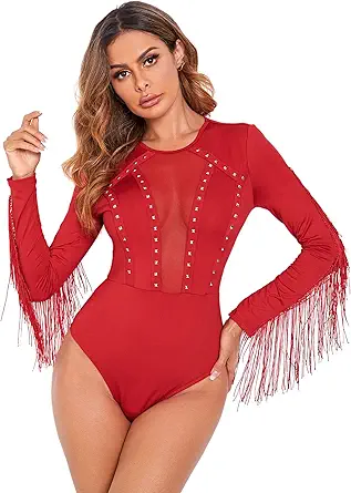 SweatyRocks Women's Cold Shoulder Fringe Long Sleeve Sheer Mesh Jumpsuit Bodysuit