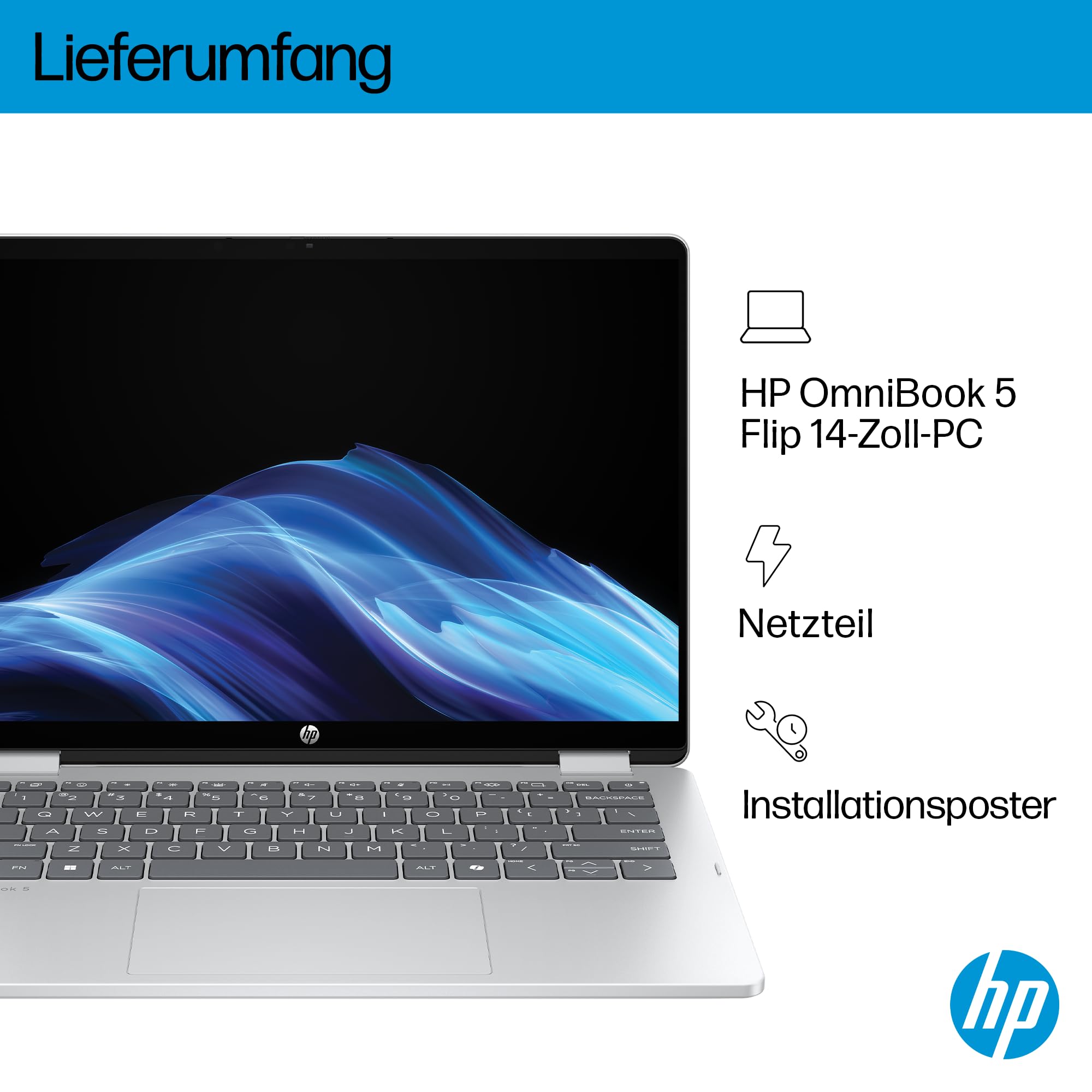 HP OmniBook 5 Flip 14-fp0254ng 2 in 1 Convertible Laptop, 14 Zoll 2K-Touchscreen, Intel Core i5-1334U, 16 GB RAM, 512 GB SSD, Windows 11 Home, Silber