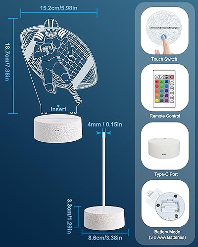 Miniatura 10 de Attivolife Luz nocturna de jugador de fútbol para niños, lámpara LED de ilusión de rugby 3D, 16 colores cambiantes con control remoto y táctil, la