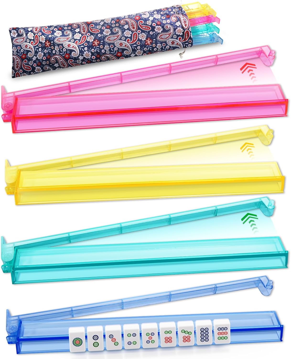 Colored Mahjong Racks with Pushers and Bag, Set of 4 All-in-One Mahjong Pushers and Racks American Mah Jongg Accessory for Game Family Gathering Camping or Travel, 4 Colors