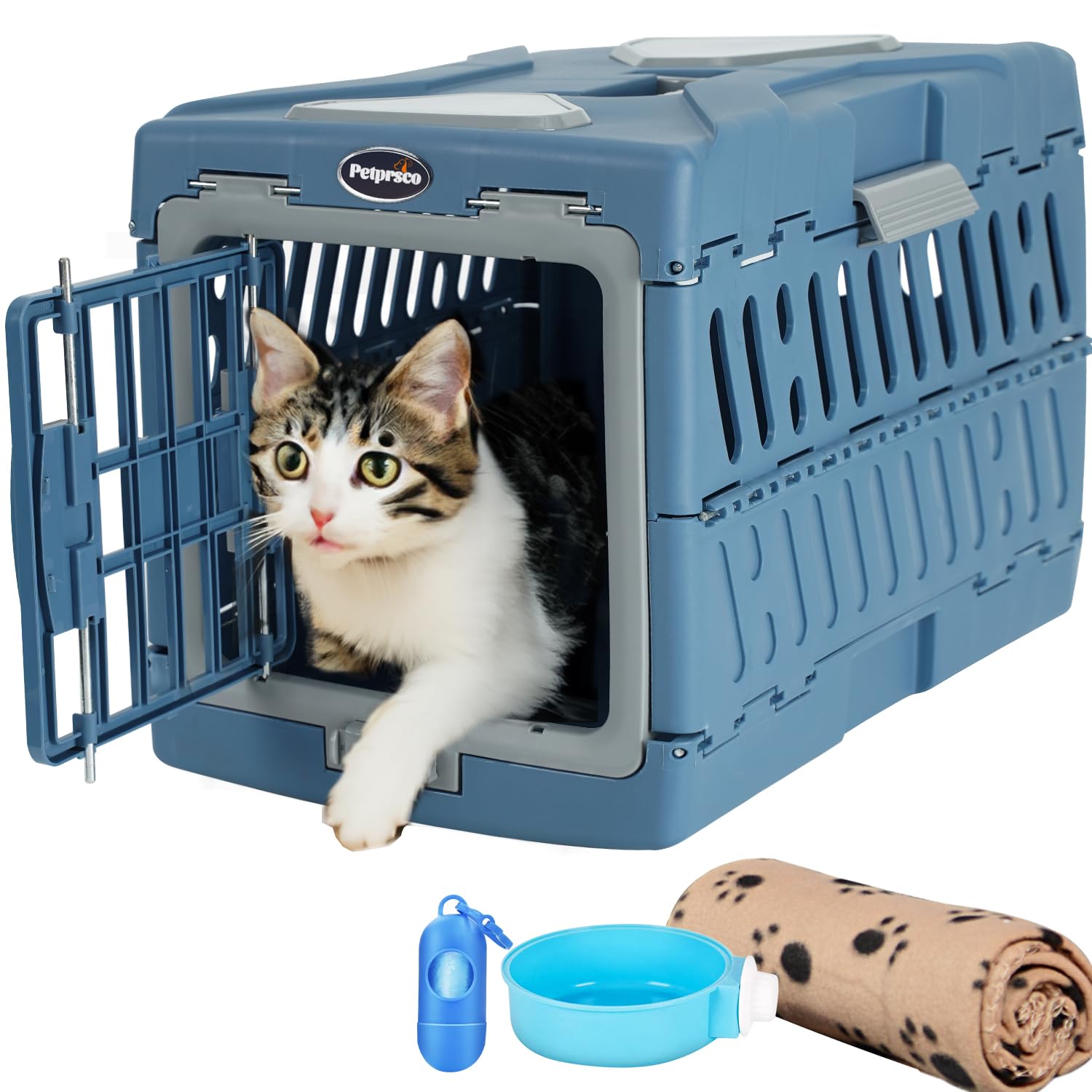 Petprsco Large Cat Carrier Hard, Plastic Portable Dog Crate 22" with Soft Blanket and Hanging Kennel Bowl for Cats Small Dogs Puppies Kittens