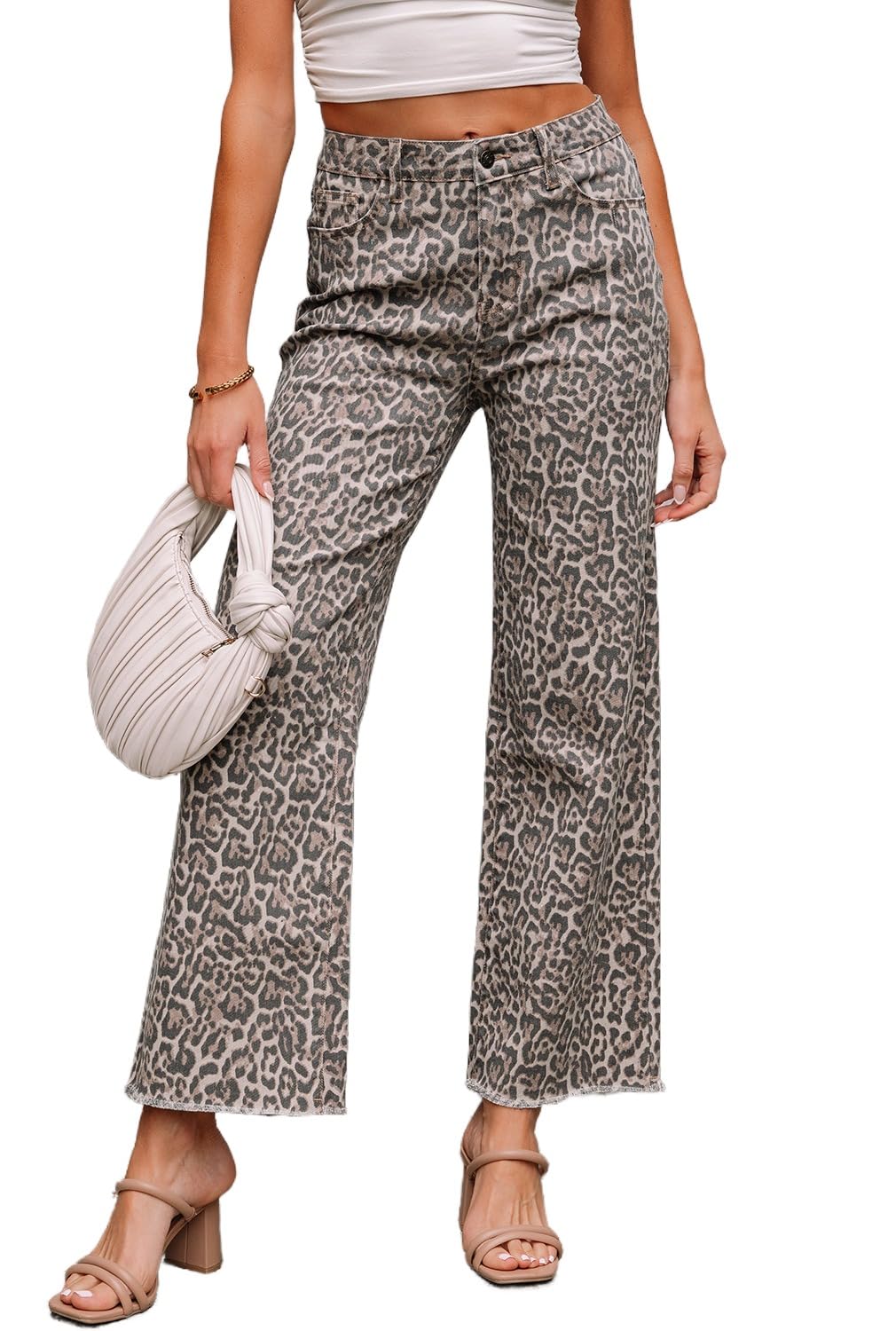 Apvirdy Womens Leopard Frayed Edge Denim Pants Wide Leg High Waist Trendy Elegant Jeans 2025