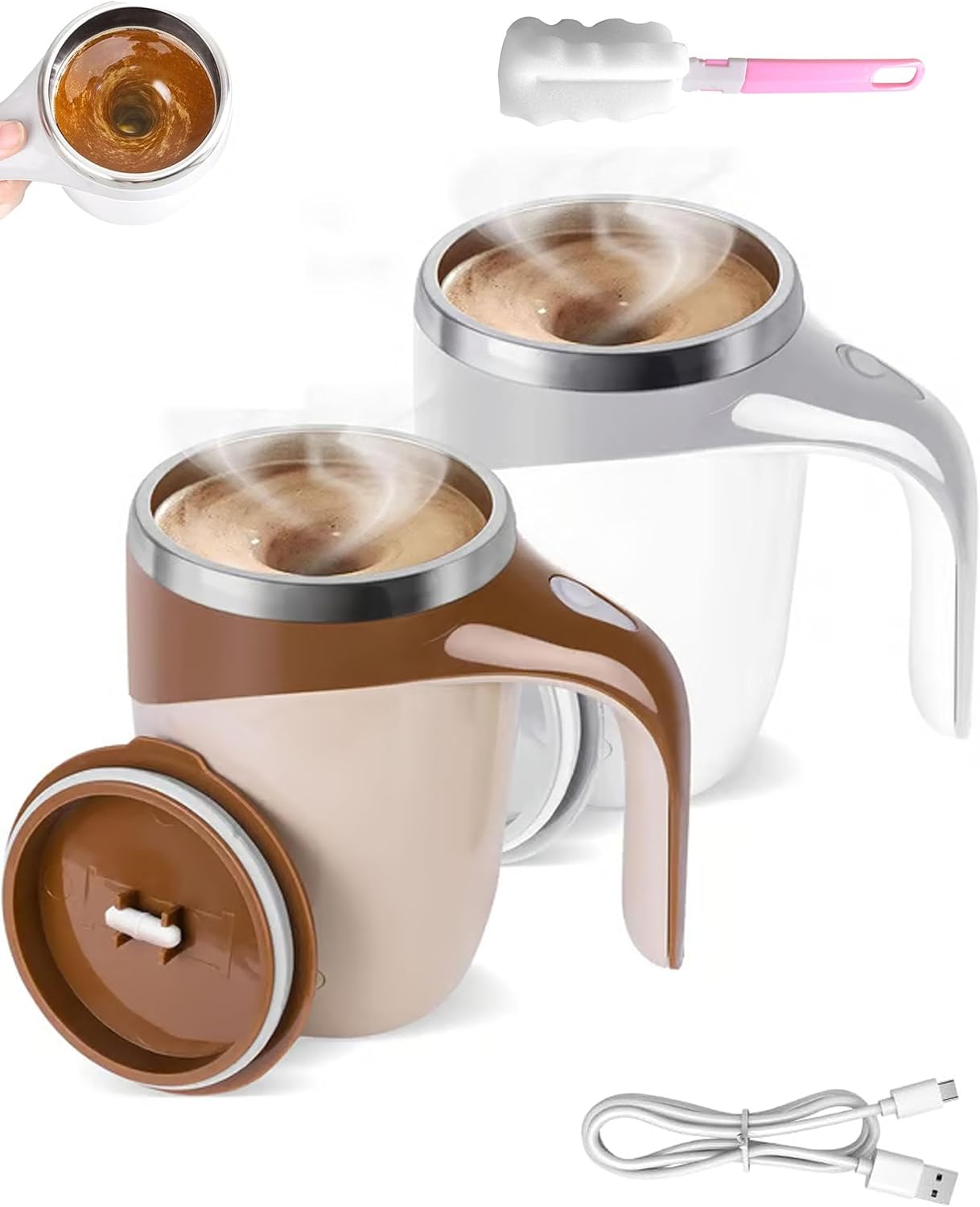 Automatic Magnetic Stirring Coffee Mug - 380ml Electric Self Stirring & Mixing Cup, Stainless Steel Travel Self Mixing Mug with Leak-proof lid for Milk/Tea/Hot Chocolat (2pcs)