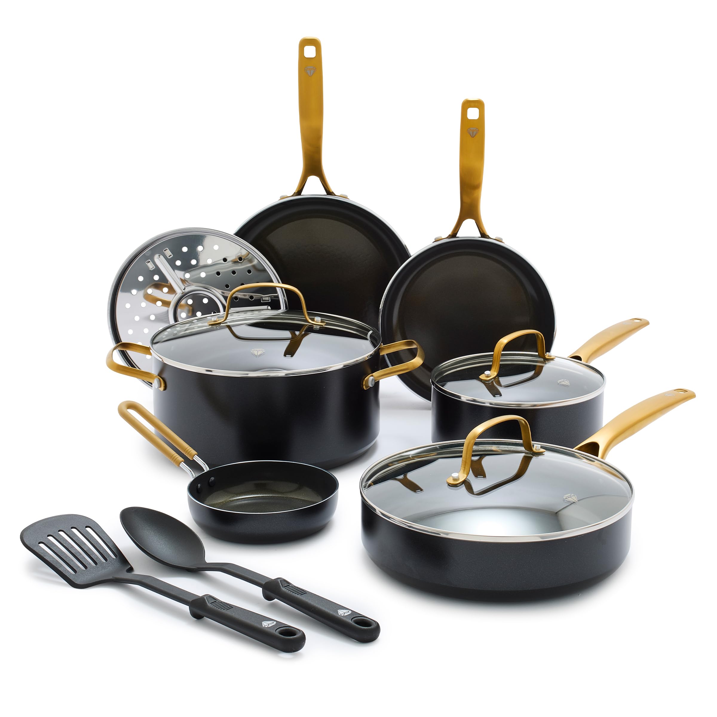 Blue Diamond Gold 12 Piece Cookware Set, PFAS-Free Ceramic Nonstick Pots & Pans, Induction Ready for All Cooktops, Kitchen Serving Utensils, Dishwasher Safe, Black