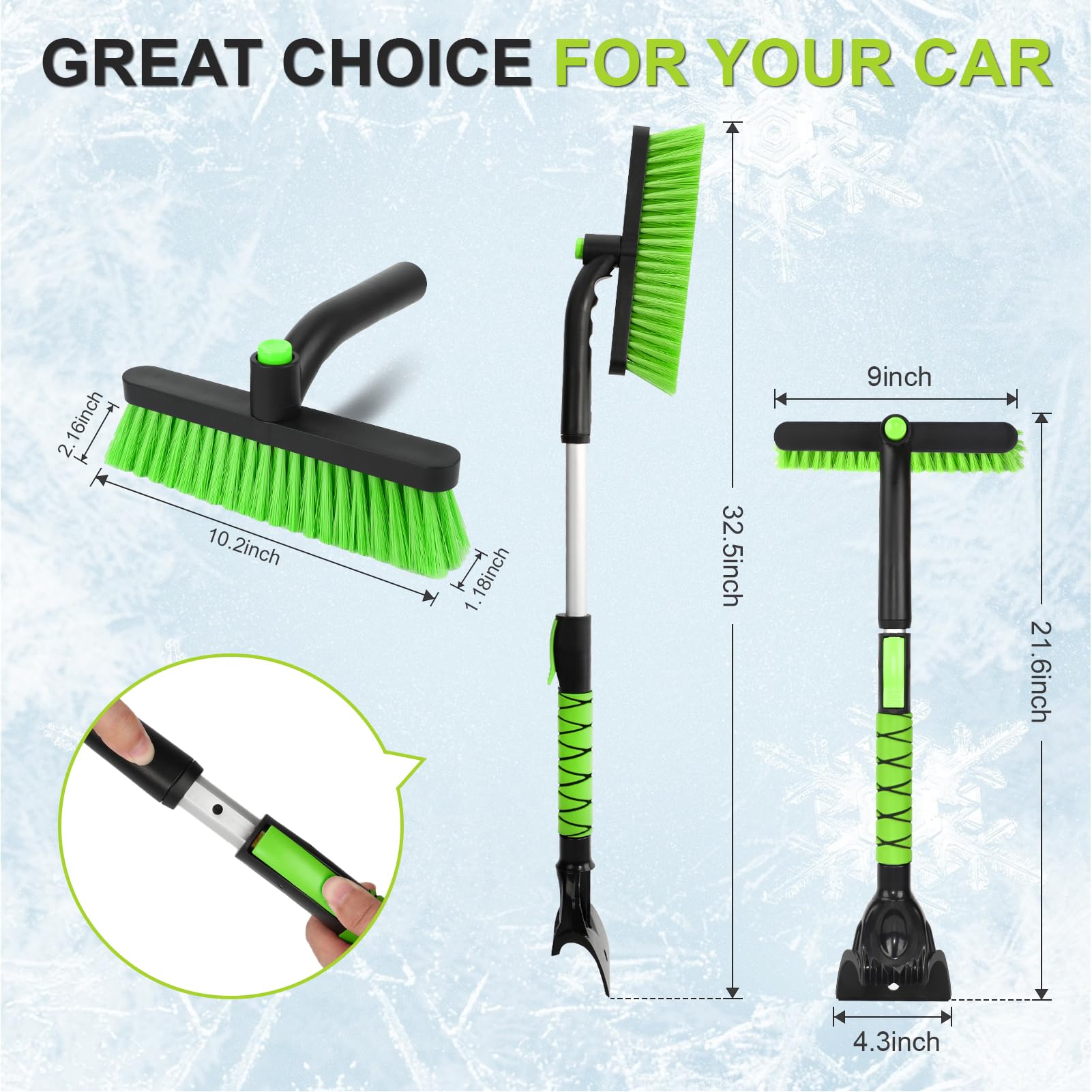Rascador de Hielo de 33 Pulgadas y Cepillo de Nieve Extensible para Parabrisas de automóvil y Agarre de Espuma con Cabezal de Cepillo Giratorio de 360° para Navidad, automóvil, camión, SUV