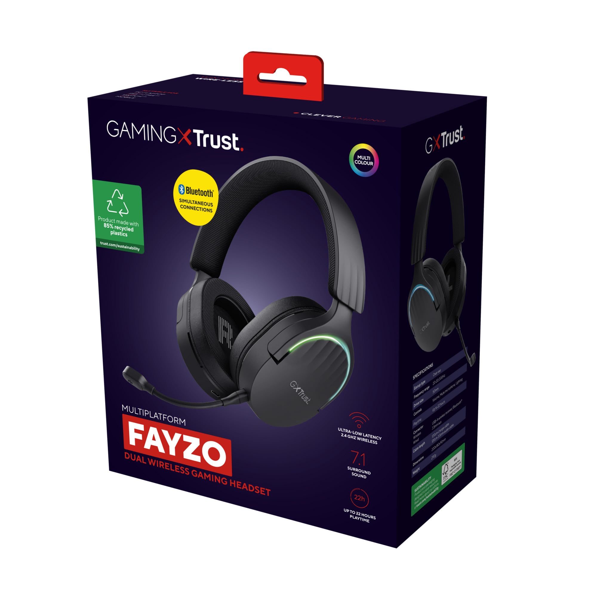 GXTrust 491 Fayzo Cascos Gaming Inalámbricos Bluetooth + 2.4 GHz, 7.1 Sonido Envolvente, Batería de 22 Horas, Auriculares Inalámbricos RGB Over-Ear PC PS5 PS4 Switch - Negro