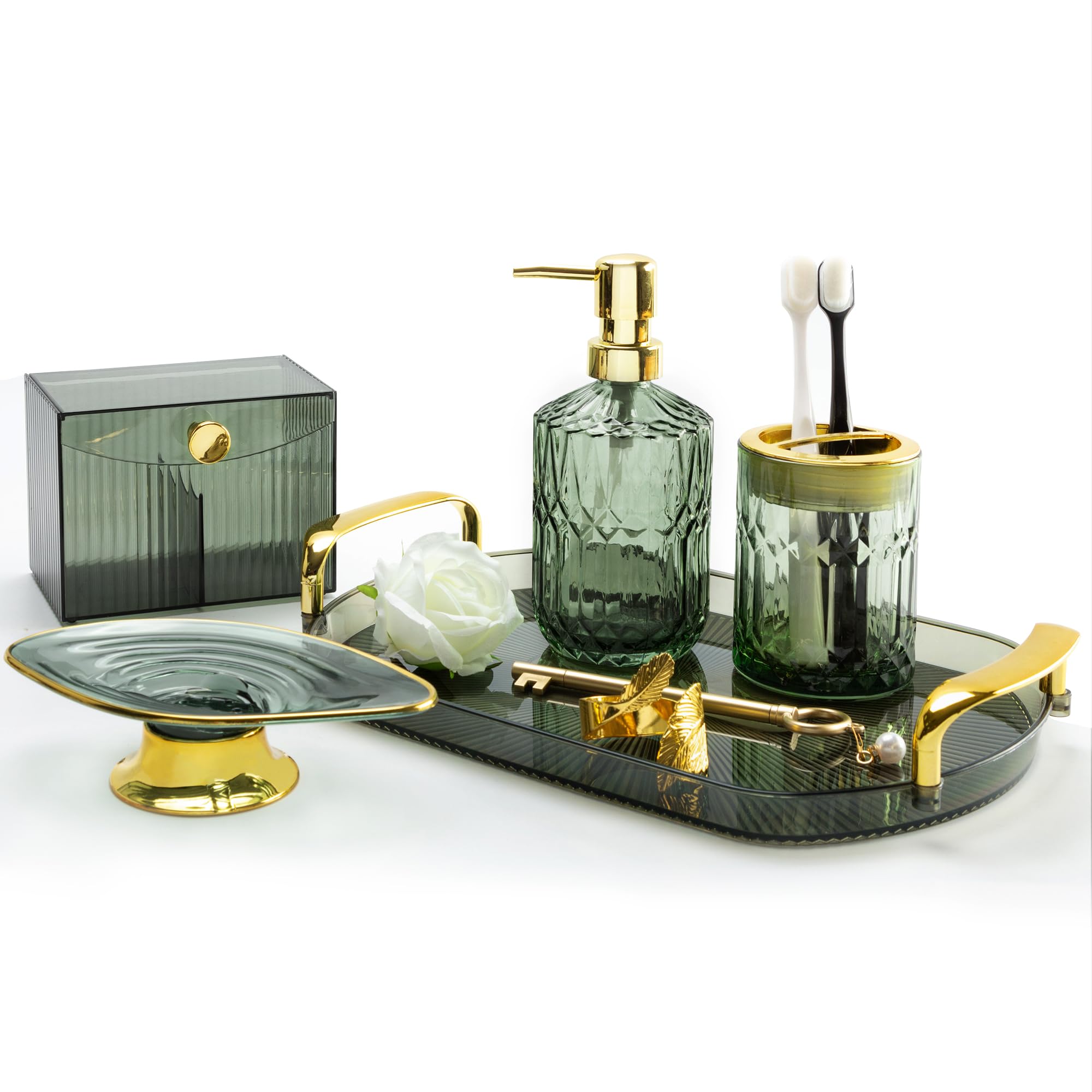 Juego de accesorios de baño verdes, 5 piezas, decoración de baño verde con bandeja de tocador decorativa para decoración de baño bohemia, dispensador de jabón, soporte para cepillos de dientes