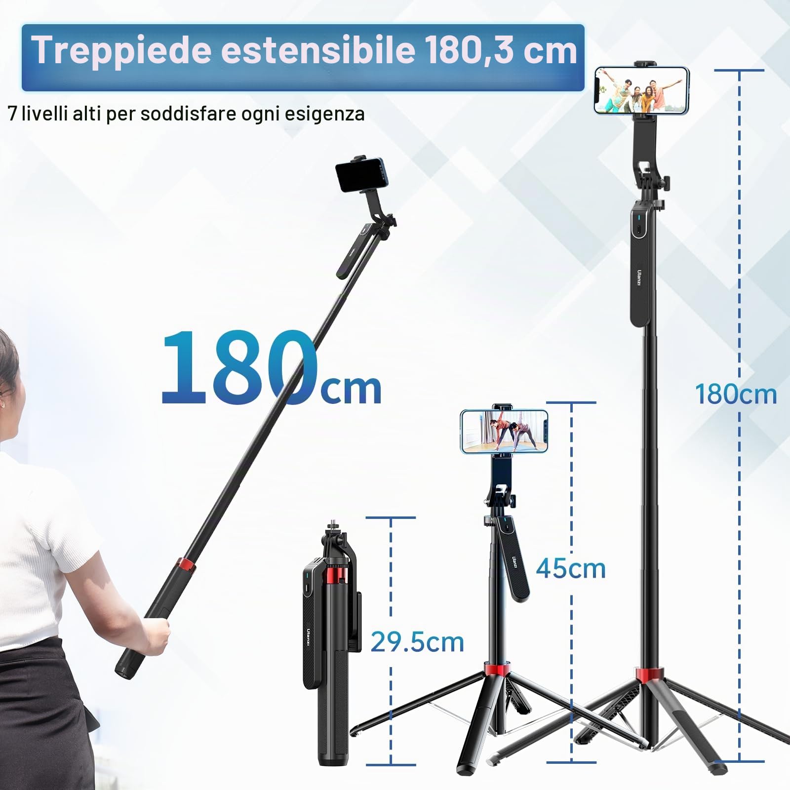 180CM Treppiede per cellulare, Ulanzi Selfie Stick Quad Tripod con telecomando Bluetooth, rotazione di 360° in alluminio estensibile treppiede Smartphone, compatibile, iPhone, Xiaomi, Huawei