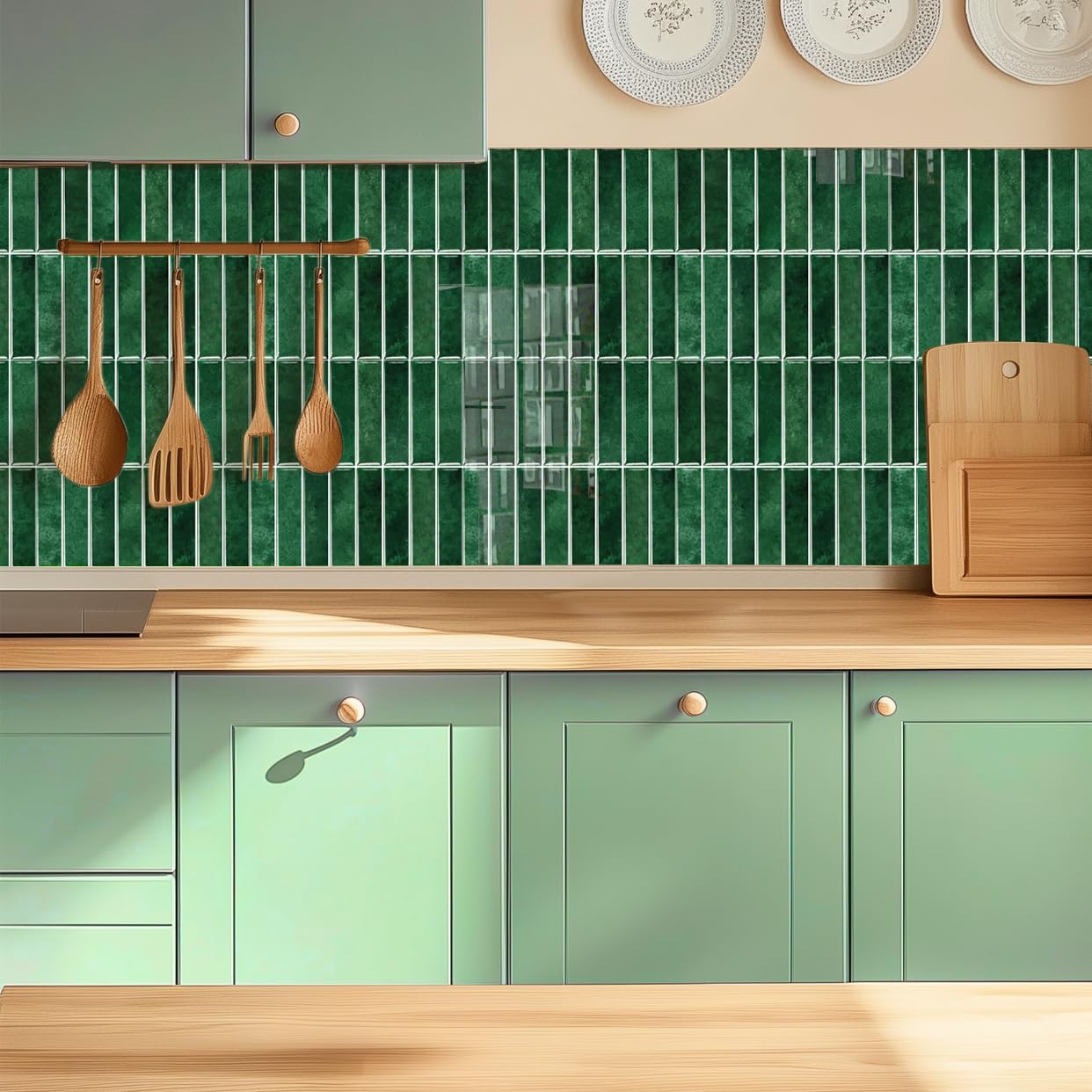 Alwayspon 10 Sheet 12x12inch Green Subway 3D Self Adhesive Wall Tile Sticker Transfers, Peel and Stick Self Adhesive Waterproof Splashback Stick on Tile Decals for Kitchen Bathroom Wall — image 1