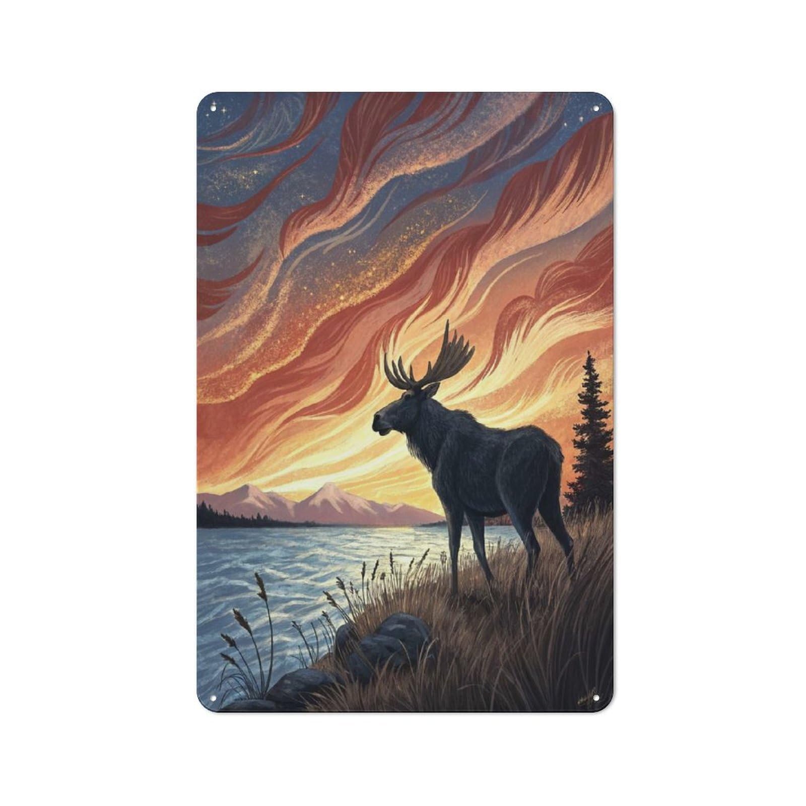 Junmoney Style-7 Moose By A Lake At Sunset Printed Metal Sign 30X20cm For Bar Or Restaurant, New Home Wall Decor For Hospitality Decor Collectors