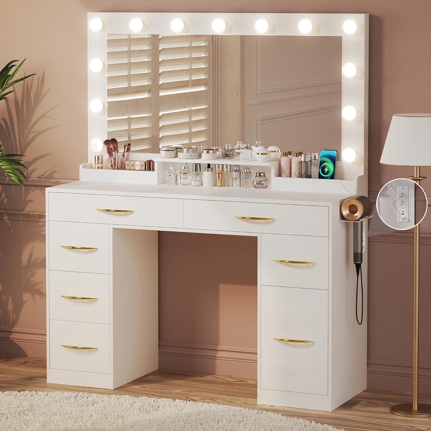Makeup Vanity Desk with Lights, Vanity Desk with Large Mirror, White Vanity with Outlets Large Drawers & Storage, 3 Lighting Color Adjustable, Bedroom Dressing Table