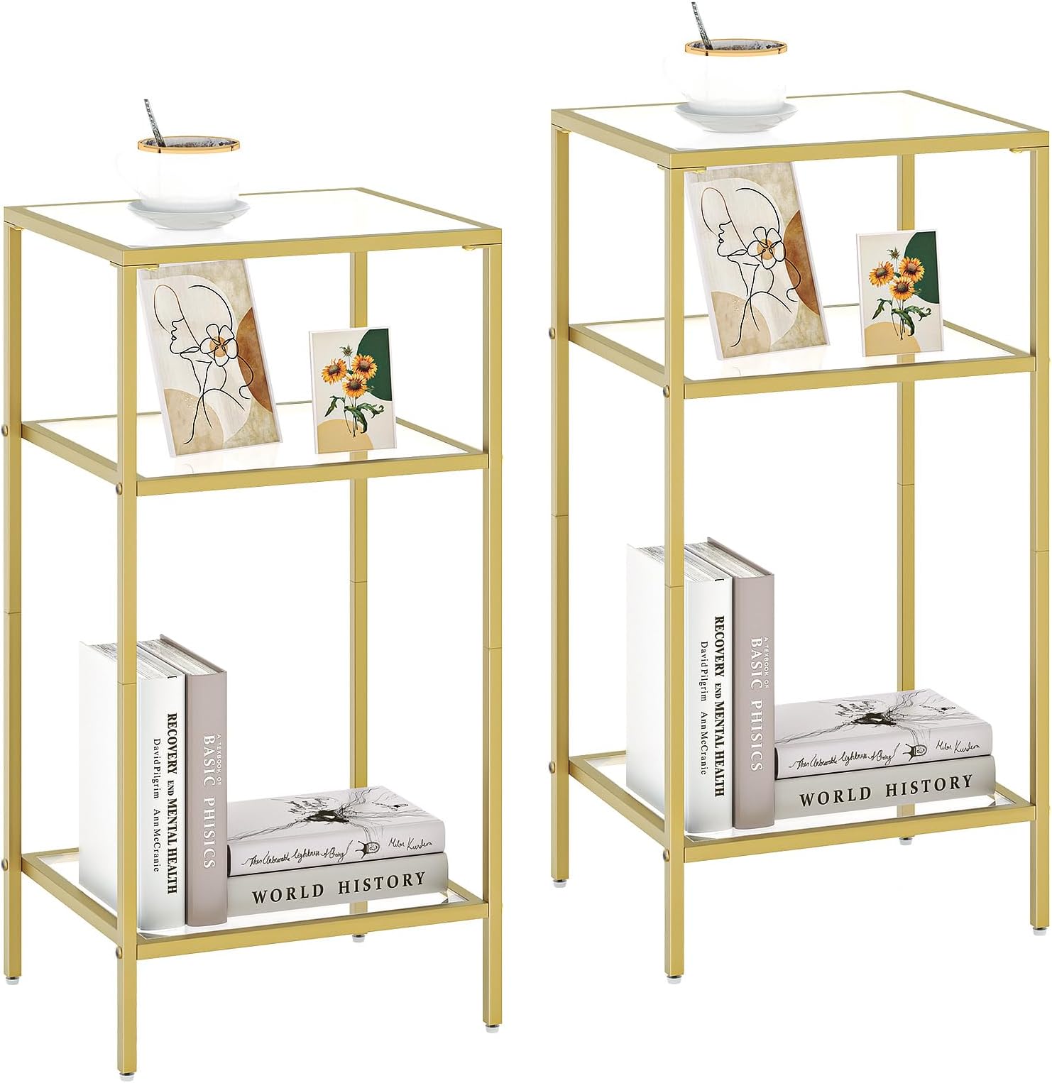 Homhedy 3-Tier Side Tables Set of 2, End Tables with Tempered Glass, Nightstands with Storage Shelves, Slim Sofa Tables for Living Room, Bedroom (2, Golden)