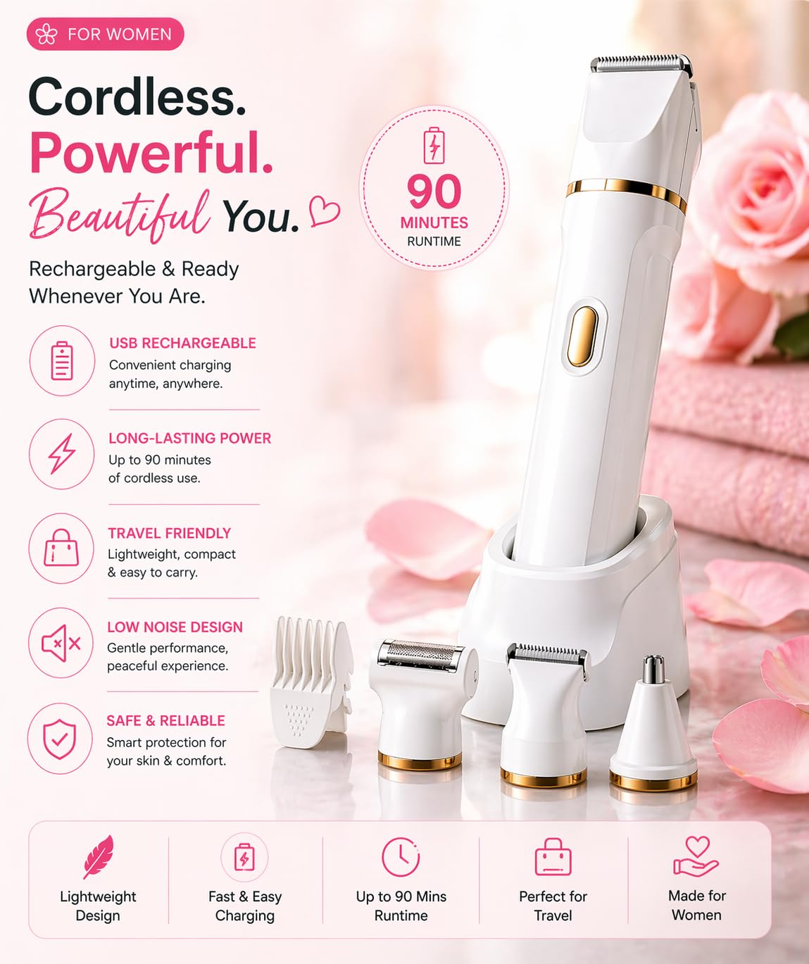Rasoio elettrico 5 in 1 per bikini, da donna, ricaricabile, impermeabile, per corpo e viso, rasoio indolore per peli pubici con testine intercambiabili, trimmer per naso e viso, ricarica USB, uso