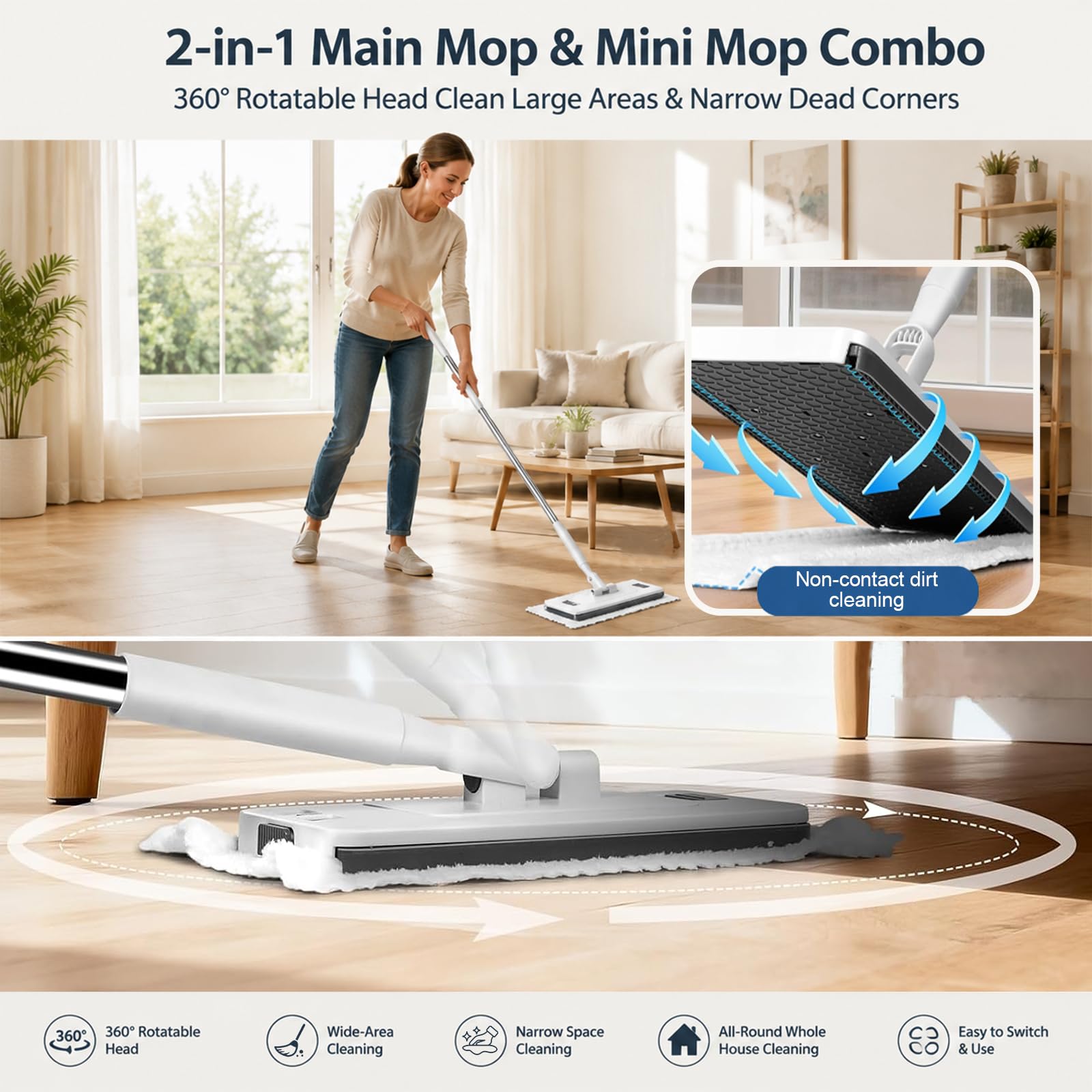 Mop z systemem zacisków ciśnieniowych 120 cm 2 w 1 bezdotykowy mop podłogowy płynnie działający system zacisków zatrzaskowych nadaje się do czyszczenia różnych powierzchni, w tym podłóg