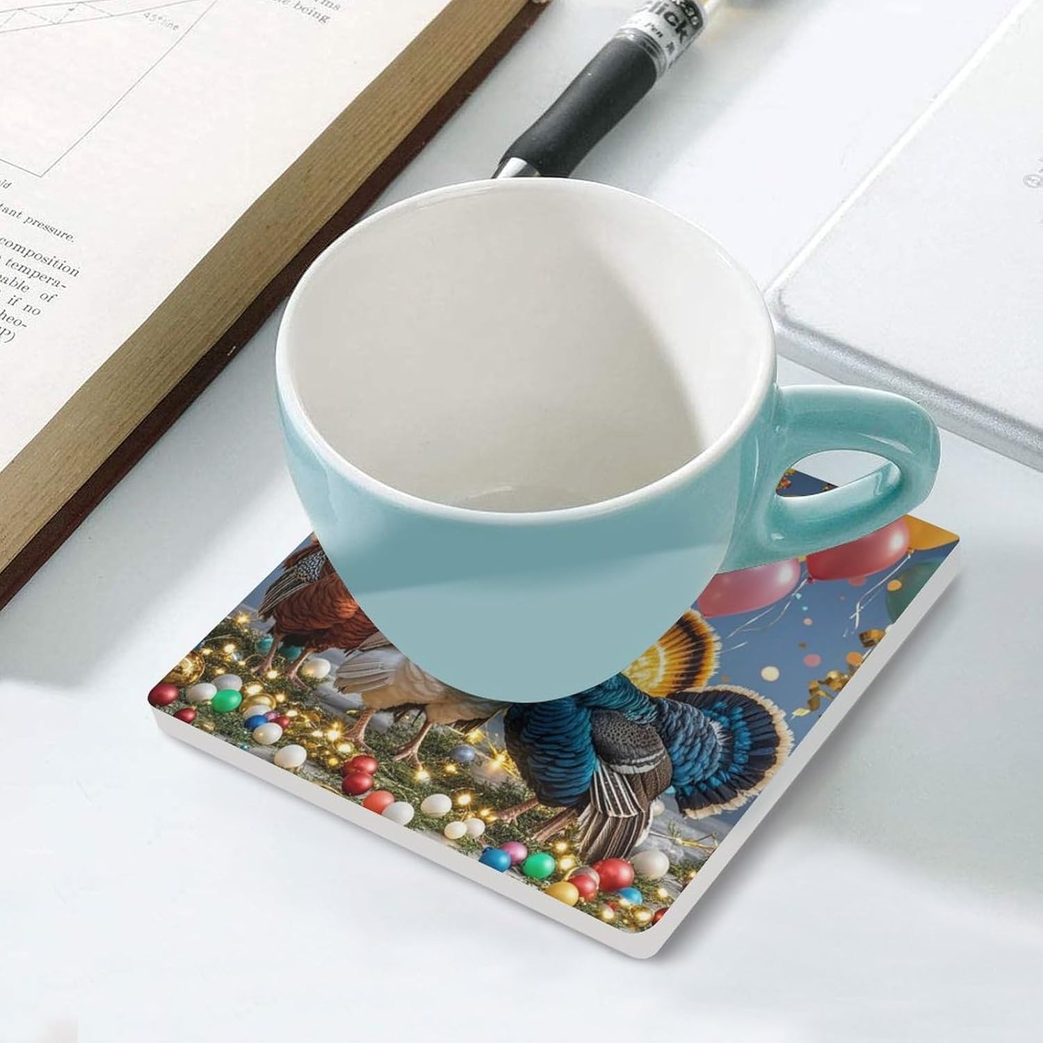 Fun Turkey Party Coasters Absorbent Ceramic Coasters for Drinks Coaster with Cork Backing for Table Protection Square Drink Cup Mat Modern Style Coaster for Coffee Table