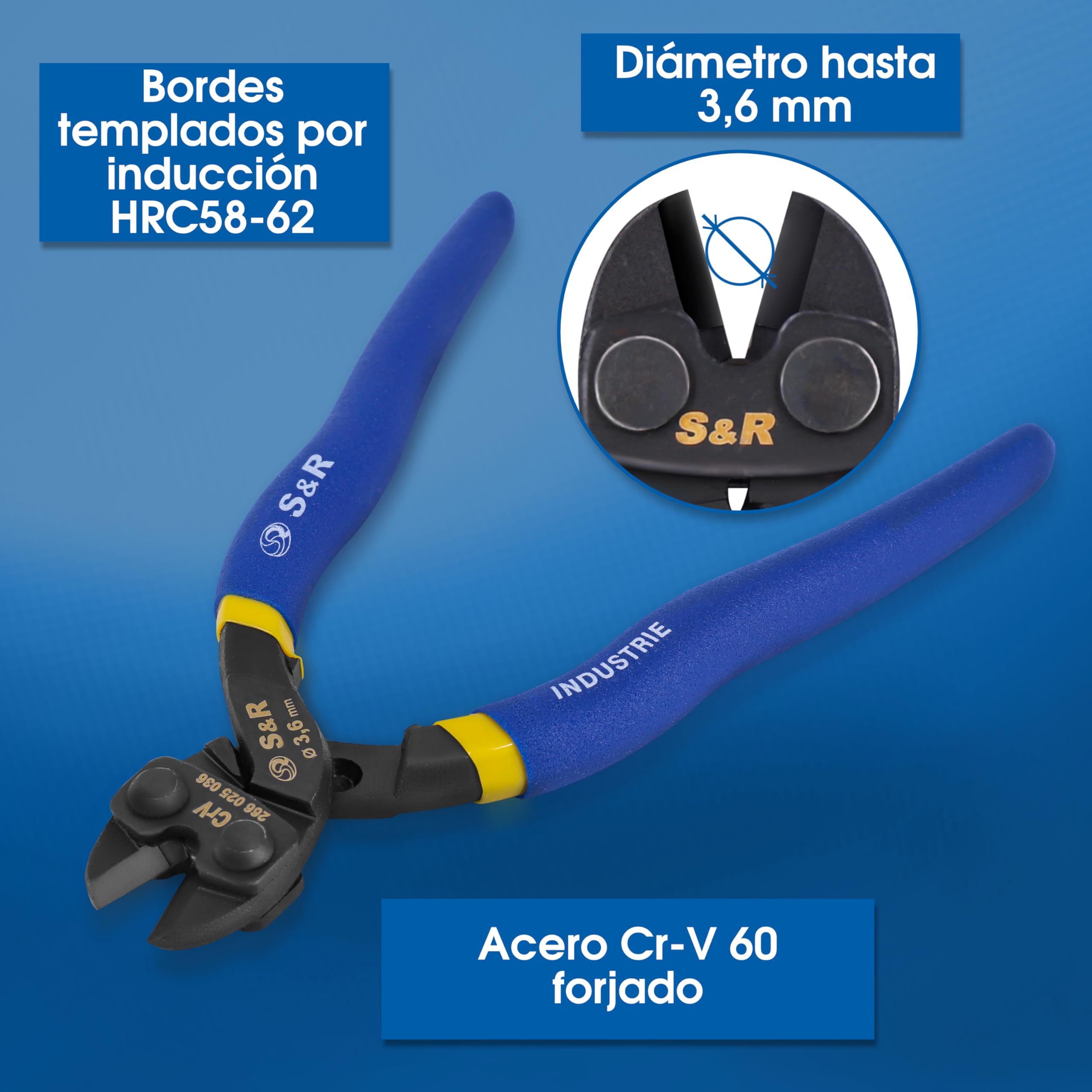 S&R Cizalla Cortapernos para Redes y Pernos de Ø 3,6 mm. Cizalla de 20 cm en acero al Cromo Molibdeno. Bordes endurecidos por inducción HRC58-62. Profesional.
