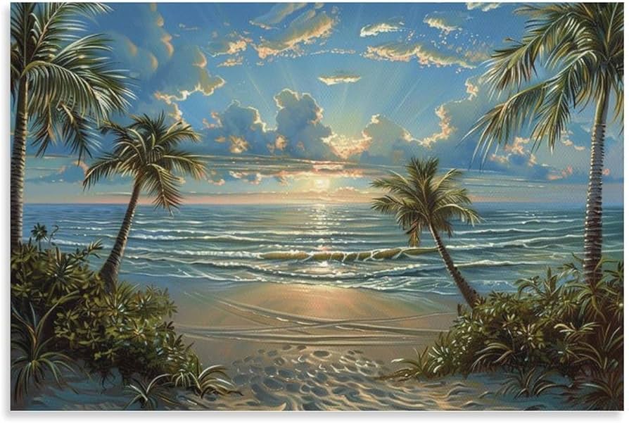 Amazon.co.jp: 絵画 ヤシの木のある美しいビーチ アートパネル
