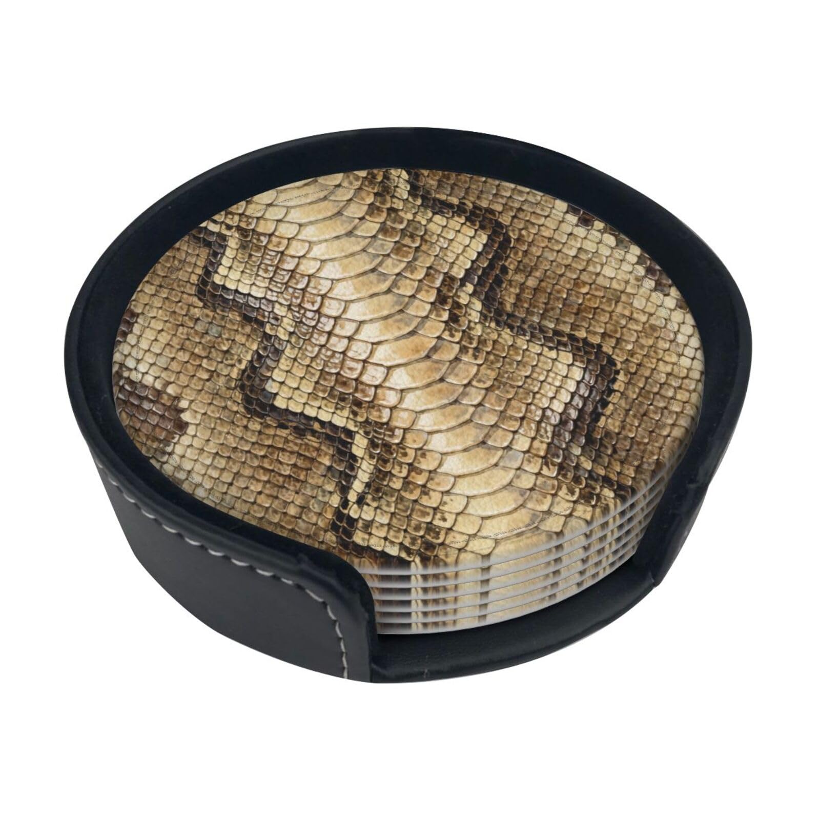 Cntdbu White Snakeskin Pattern Leather Coasters Set Of 6-Pu Leather Drink Mats For Table, Heat Resistant Round Coasters With Holder