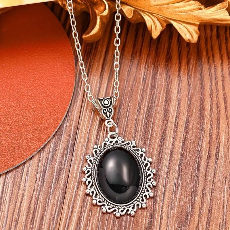 Vintage Black Onyx Pendant Necklace for Women - Antique Silver Oval Gemstone Pendant with Ornate Frame - Gothic Victorian Style Jewelry - Image 3