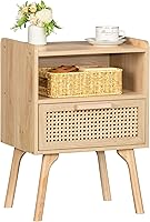 Lerliuo Boho Rattan Nightstand with Drawer & Open Shelf, Cane Bedside Table, Solid Beech Wood Legs - Natural for Bedroom, Dorm, Small Spaces