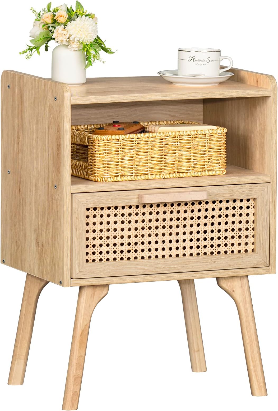 Lerliuo Rattan Nightstand, Side Table with Drawer and Storage, Bedside End Table with Solid Wood Legs for Living Room, Bedroom, Dorm and Small Spaces (Natural)