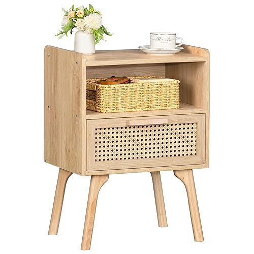 Lerliuo Rattan Nightstand, Boho Side Table with Drawer Open Shelf,