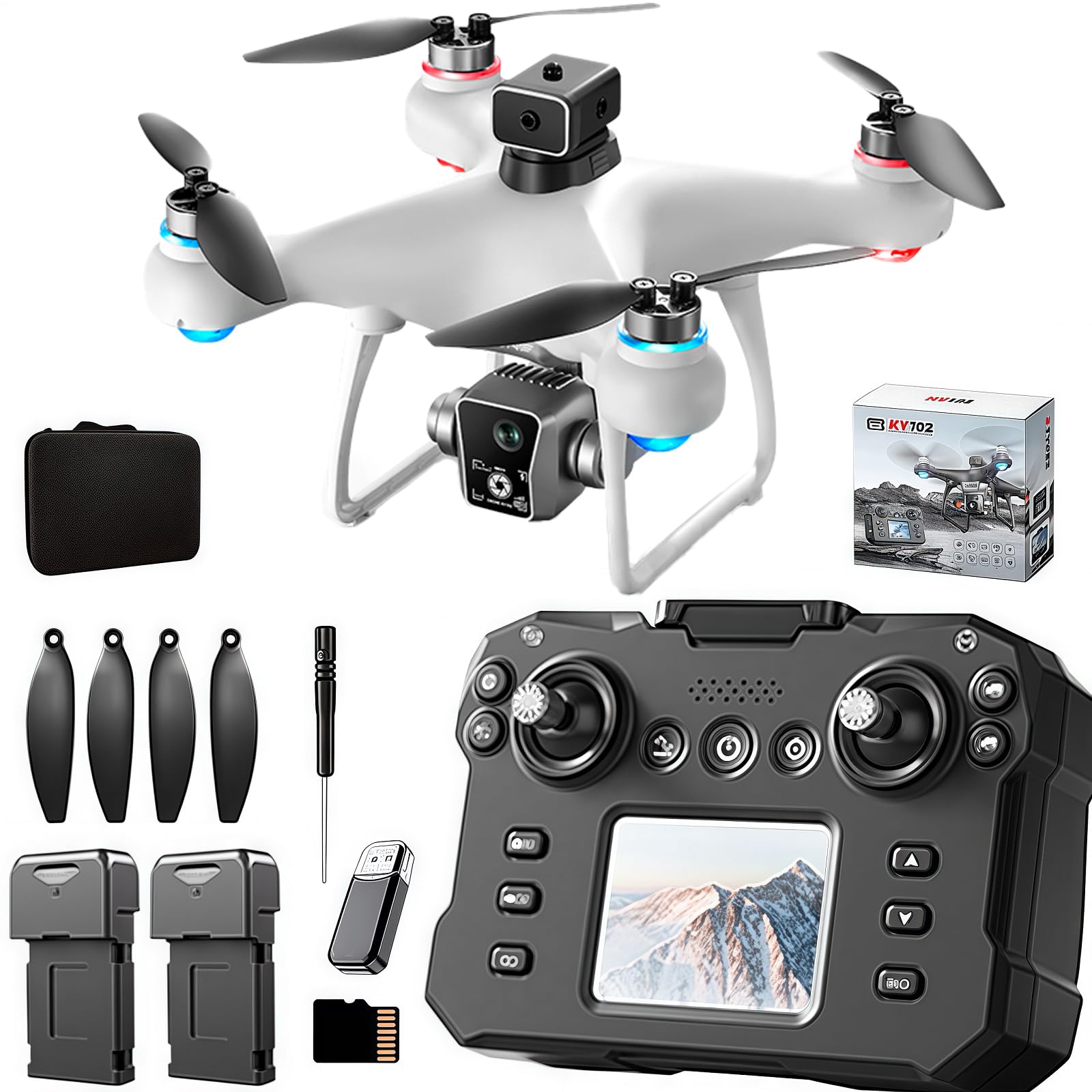 KY102 Drone with Screen Controller with SD card, Brushless Motor, Optical Flow Localization, Active Obstacle Avoidance, 2 batteries, One Key Take Off/