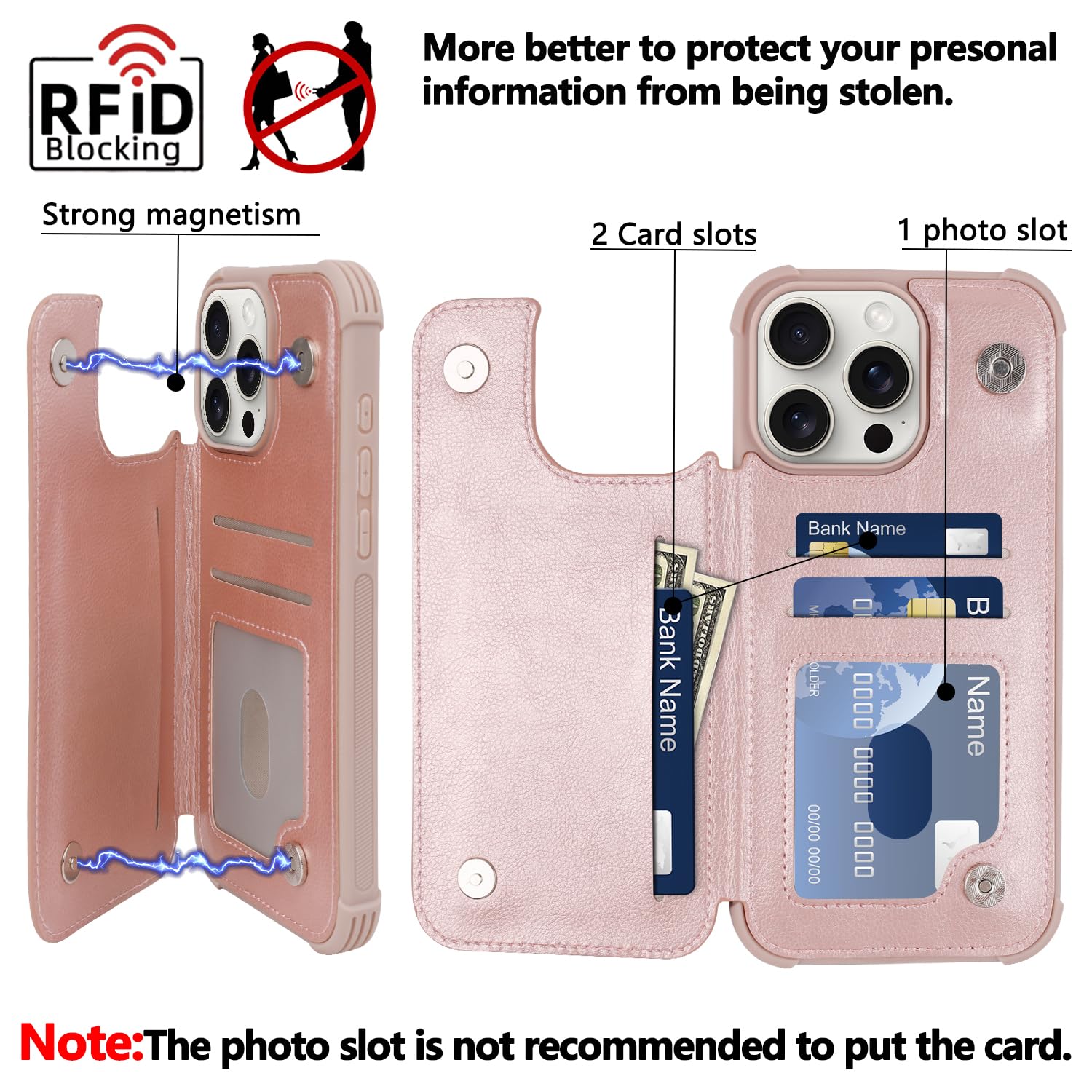 VANAVAGY Compatible for iPhone 16 Pro Max Wallet Casewith Credit Card Holder,Rfid Leather Flip Folio Cover Fits Magnetic Car Mount and Stand with Screen Camera Protector,Rose Gold - Image 3