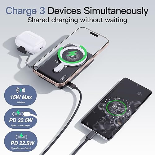Miniatura 3 de Banco de energía inalámbrico M3 Ultra Slim de 0.4 pulgadas, cargador portátil magnético de 12800 mAh con cable y correa integrados, paquete de
