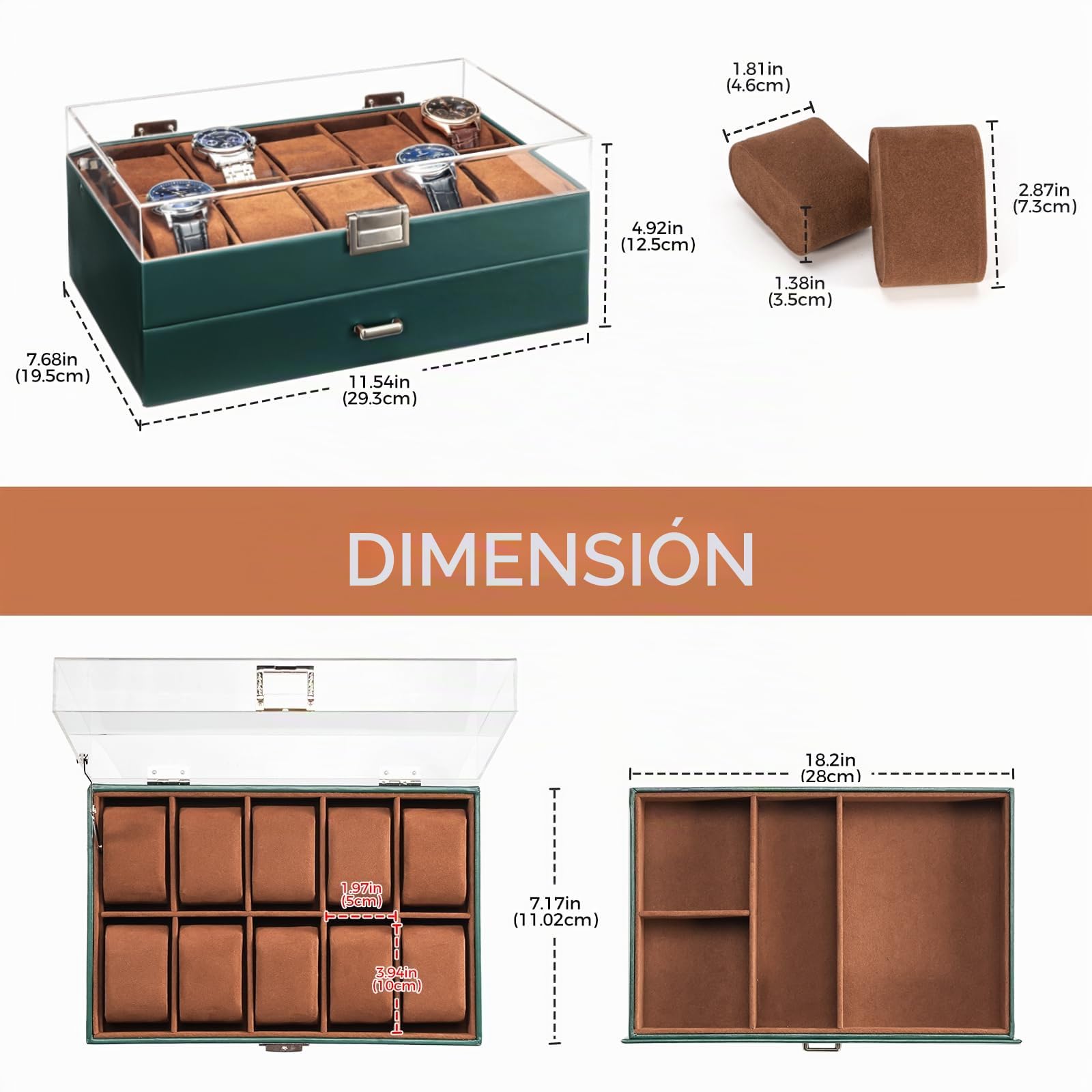 ProCase Caja para 10 Relojes, Organizador de Reloj Estuche de Relojes con Tapa de Cristal para Hombres -Verde