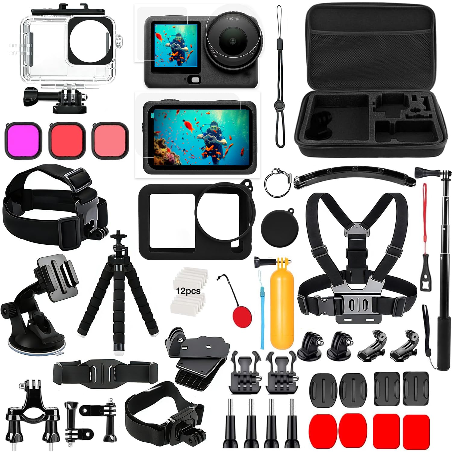 Accessori per DJI Osmo Action 5 Pro/4/3, custodia impermeabile Saprdii, pellicola proteggi schermo, filtro accessori subacquei, supporto per bicicletta selfie stick, supporti per torace/testa/manubrio