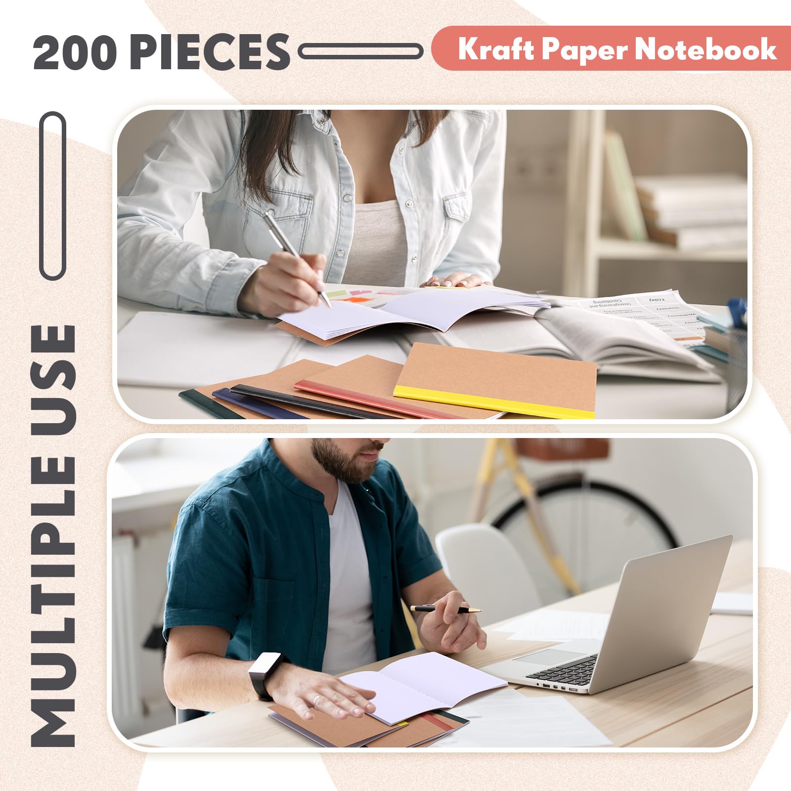 Sherr Paquete de 200 cuadernos de papel kraft A6 en blanco, sin forro, cuadernos de papel kraft a granel, cuadernos de bocetos para viajeros, suministros de oficina en casa, 4 x 5.5 pulgadas (tono
