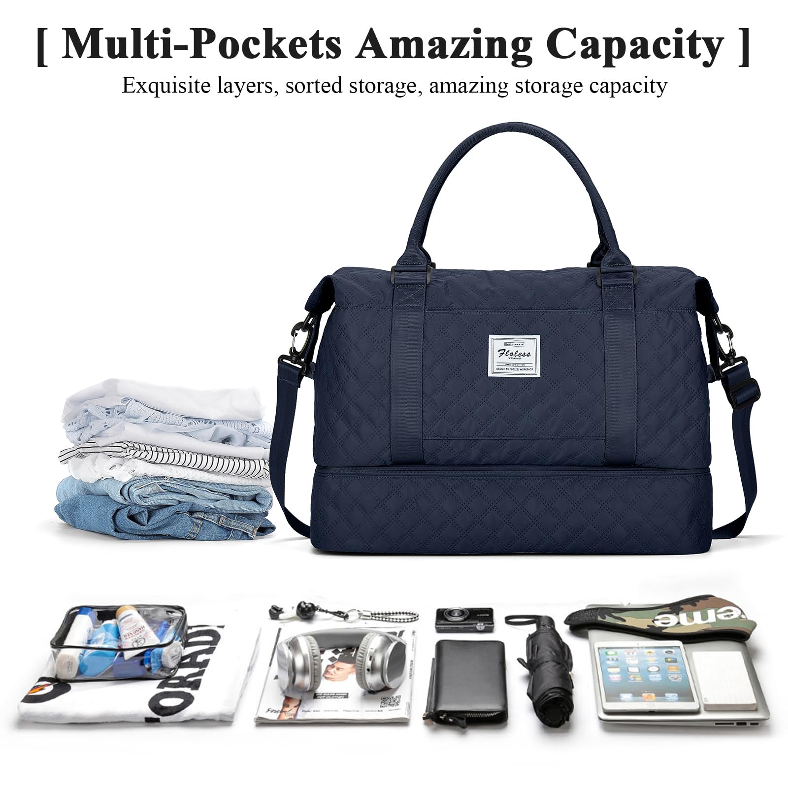 Borsone da Viaggio Donna, Bagaglio a Mano Borsa da Viaggio con Scomparto per le Scarpe, Borsa Sportiva Borsone da Palestra Grande, Borsa da Weekend, Borsa per Ospedale,H6-Blu marino