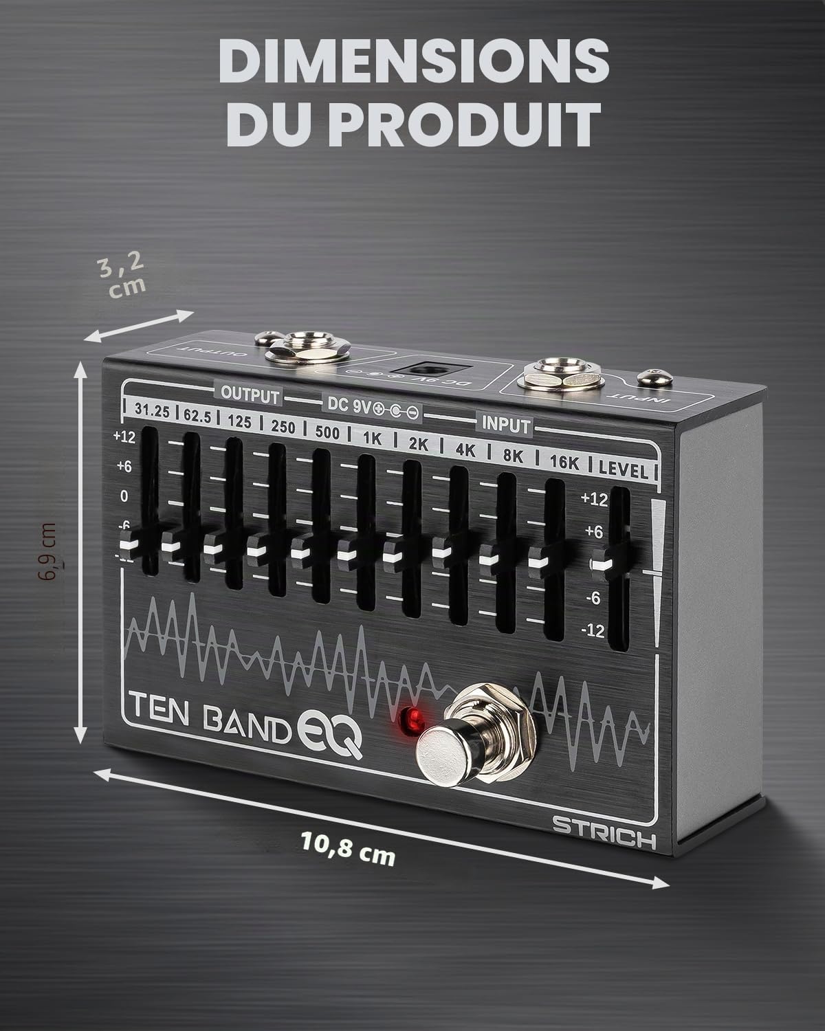 STRICH EQ Pedal pour Guitare Électrique, Égaliseur 10 Bandes (31,25 Hz–16 kHz), ±12 dB Gain/Atténuation par Bande, compatible avec Guitare et Basse