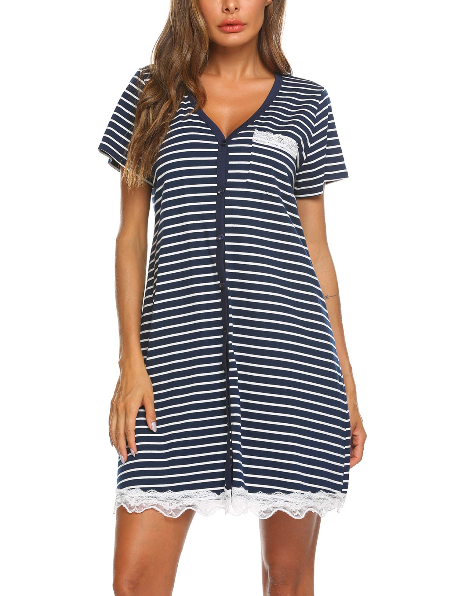 Ekouaer Camicia da Notte Allattamento Donna Maniche Corte Pigiama Sexy Premaman Nightdress Bottoni Pizzo, S-XXL