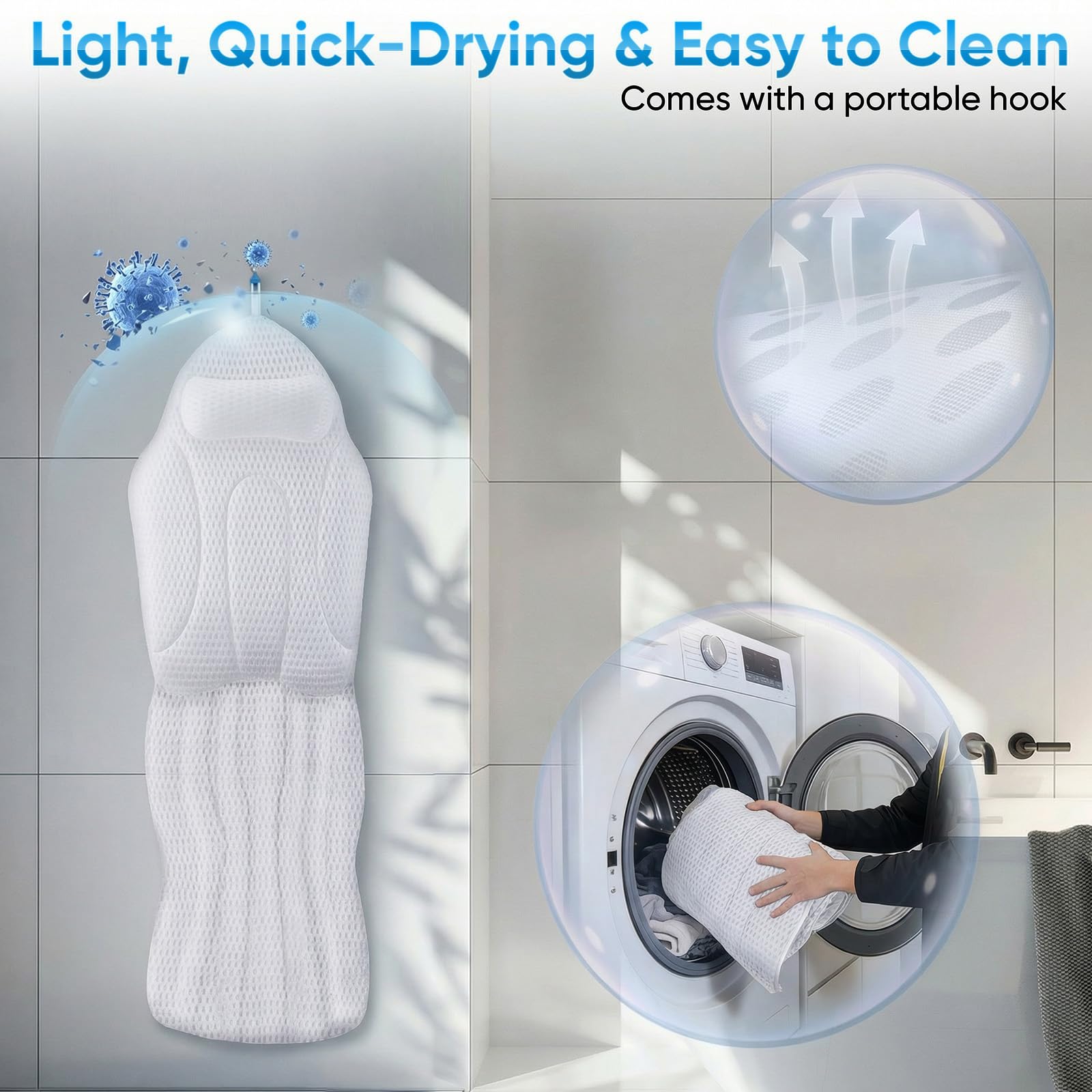 Set completo per vasca da bagno con cuscino lombare, 142 x 48 cm, morbido divano da bagno in rete 5D con ventose e poggiatesta, tappetino per vasca da bagno e tappetino spray (bianco)