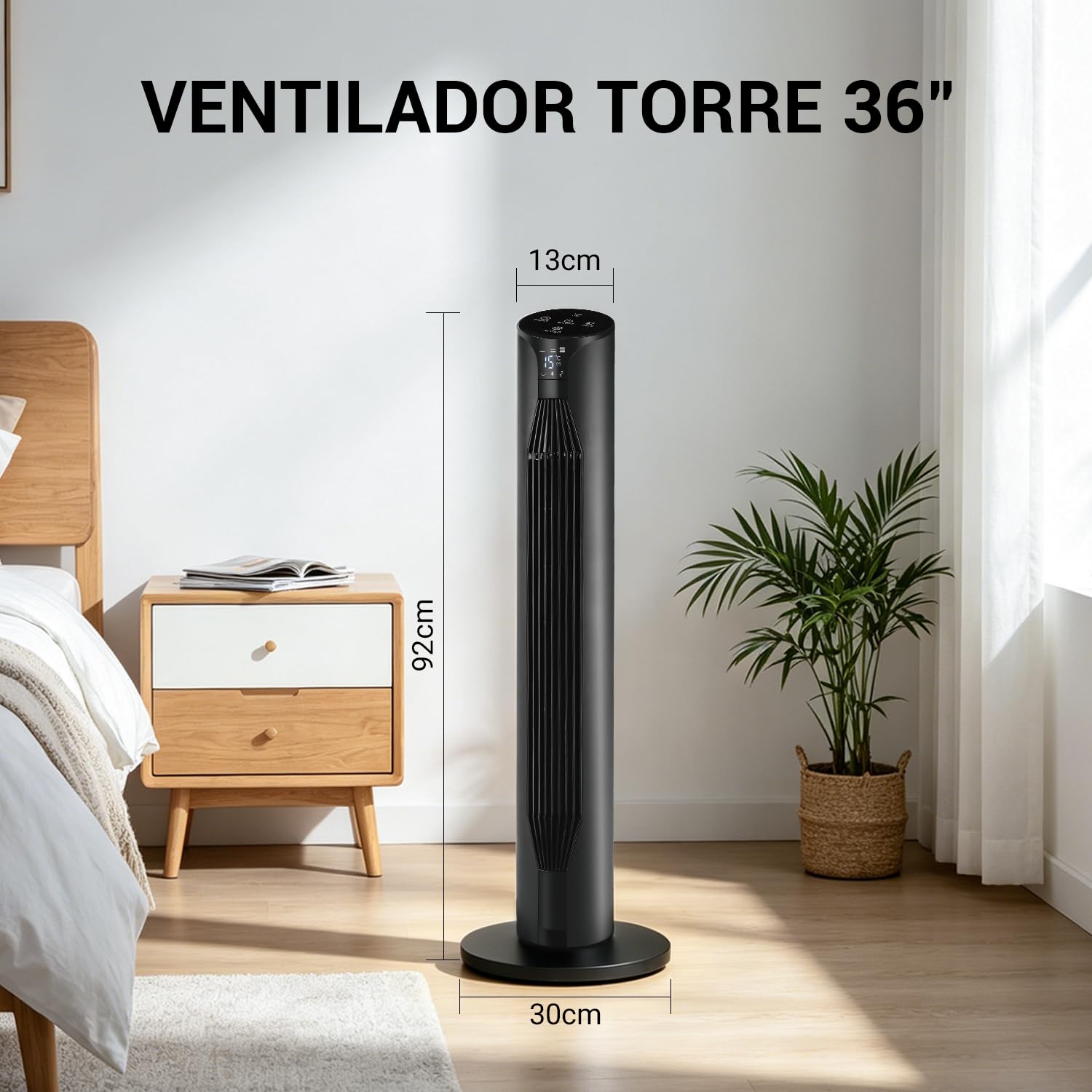 Ventilador de Pie Silencioso, Ventilador de Torre 55 W, 36'' (92cm) de Altura, Temporizador 12H Oscilación 3 Velocidades, 3 Modos, Oscilación 70°, Pantalla LED y Mando a Distancia Incluido, Negro