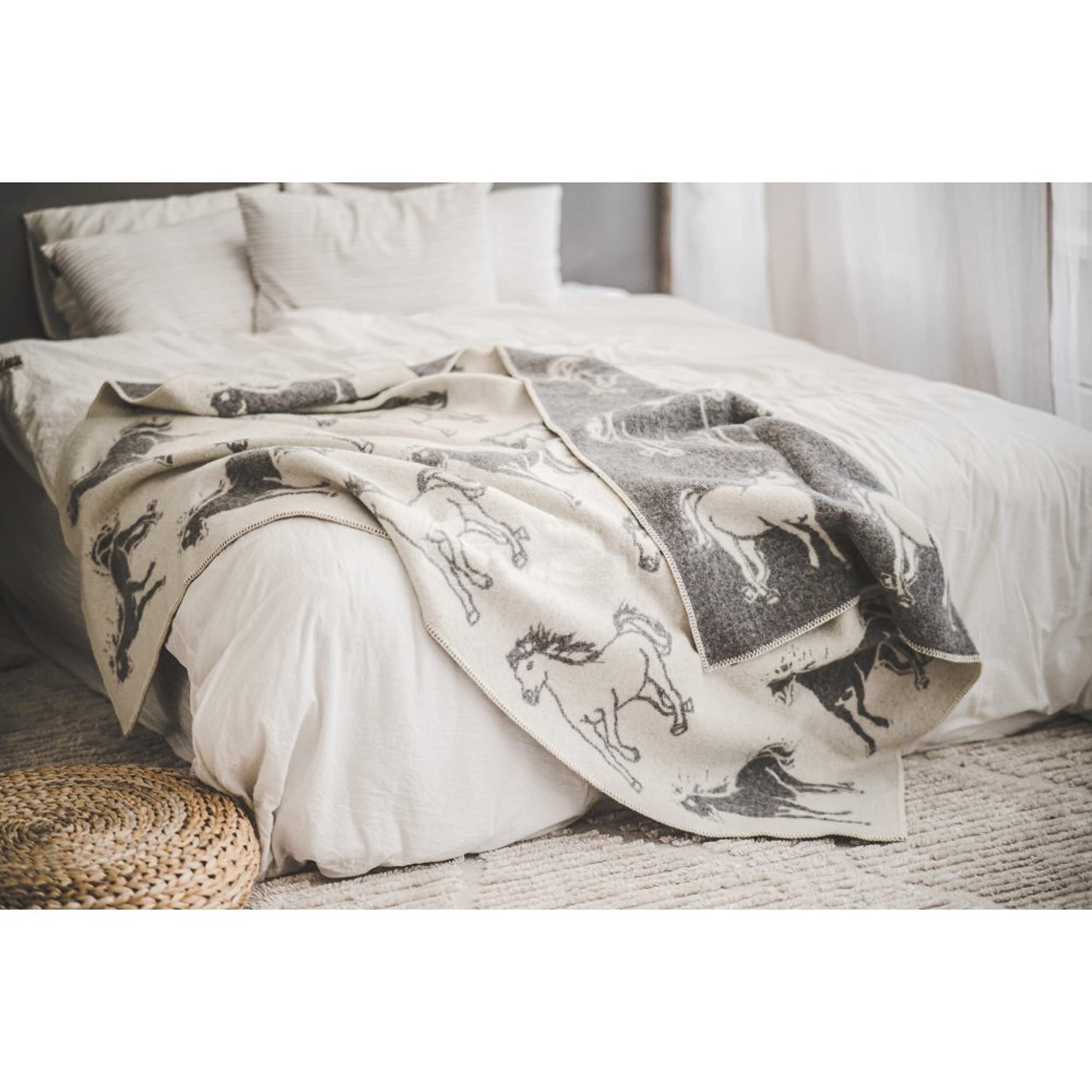 Ger3as Omkeerbare deken wollen deken plaid 130 x 200 cm warme deken van schapenwol deken knuffeldeken wol plaid, katoen plaid of knuffeldeken voor bank (paarden grijs