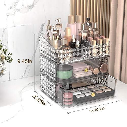 Miniatura 3 de Rosoenvi Organizador de maquillaje para tocador, organizador apilable de cosméticos y almacenamiento, vitrinas de cosméticos con 2 cajones y 1