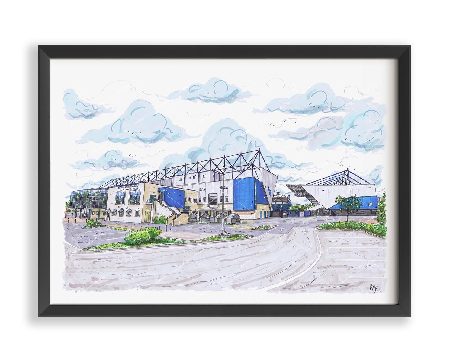 Oxford United FC, Kassam Stadium, Oxfordshire, The U's, Yellow, Print Poster, Wall Art, English Football, Football Art, Footy Fans, Hand drawn artwork, UK based artist Arjo - Unframed Print