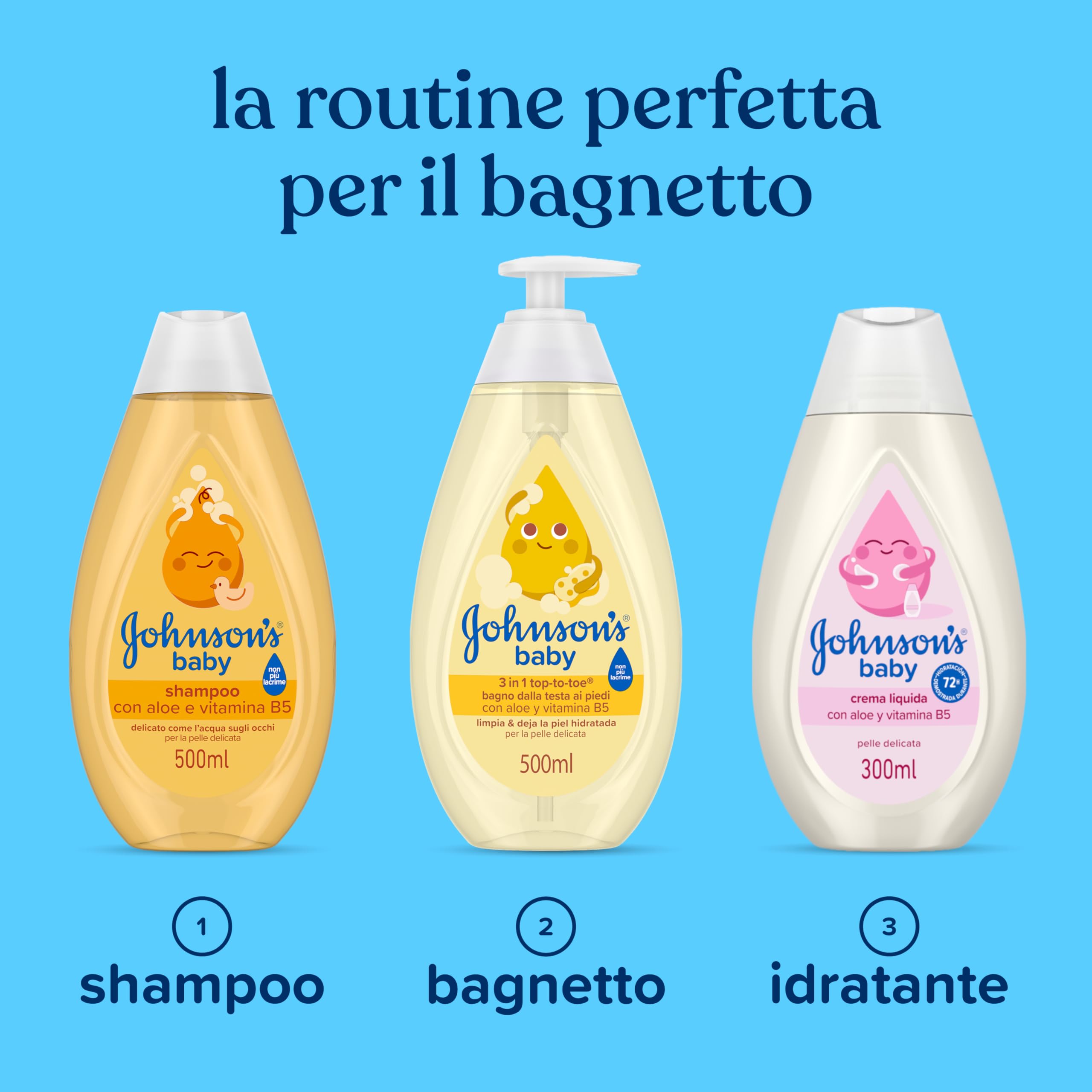 Johnson's Baby Top-to-Toe 3 in 1 Bagno dalla Testa ai Piedi 500 ml Bagnoschiuma e shampoo bambini per viso corpo e capelli