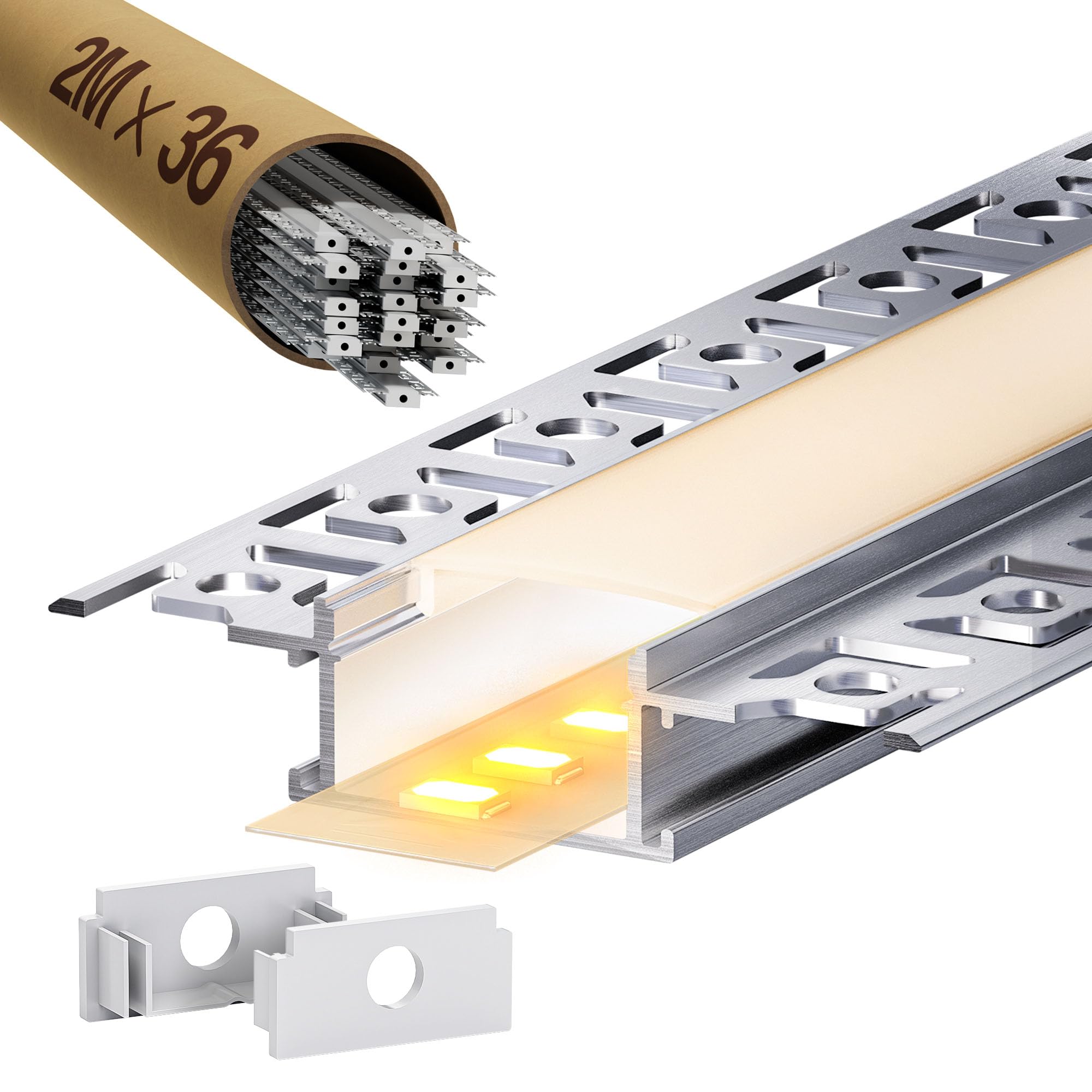 36 × LED Trockenbauprofil 2M für 20mm LED Streifen – Aluminium Unterputzprofil für Trockenbau,led kanal、Diffusor, Decke Wand indirekte Beleuchtung (LED Drywall Profile -72M)