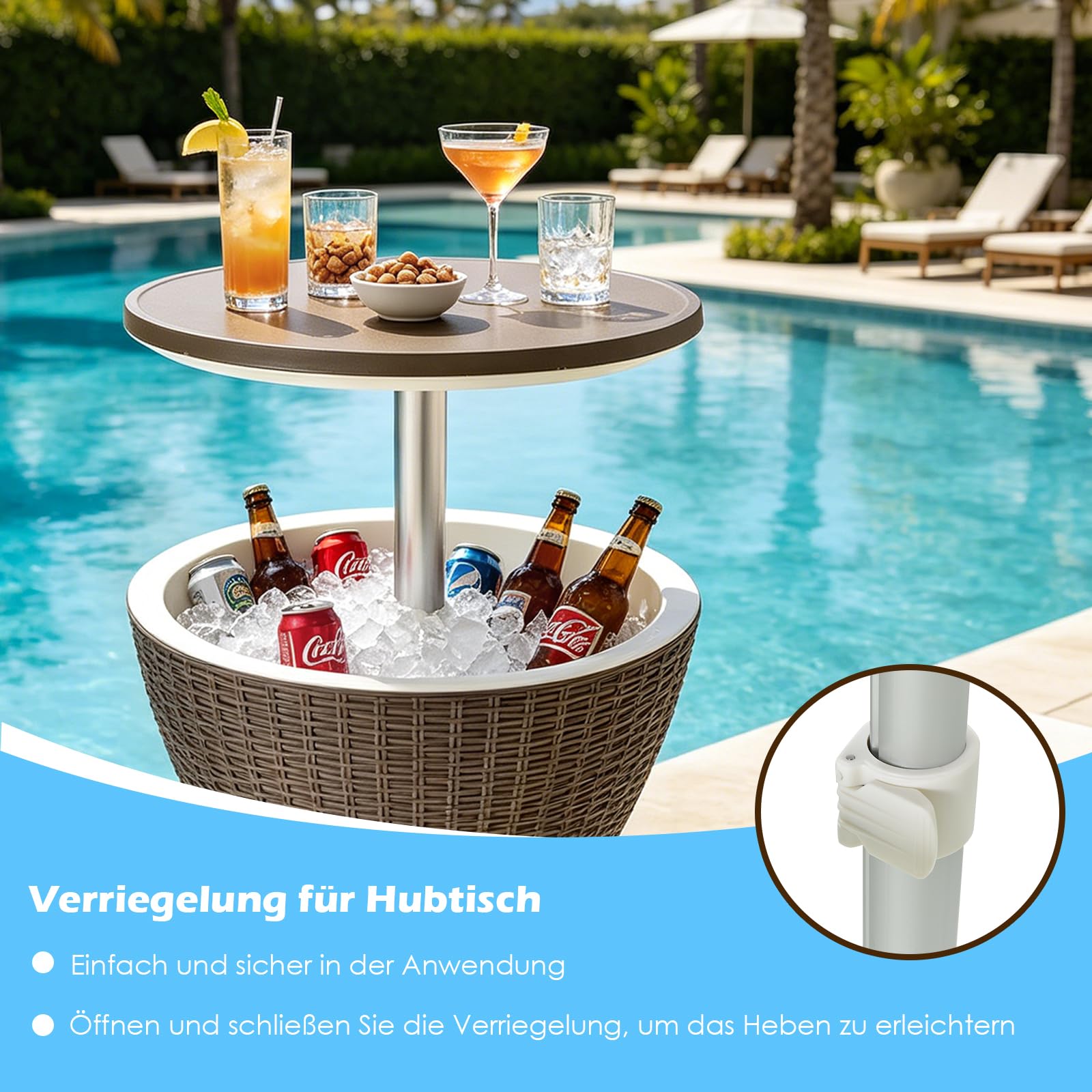 GYMAX Cool Bar 30L, 3-in-1 Beistelltisch mit ausziehbarer Tischplatte für Getränke & Snacks, Getränkekühler in Rattan-Optik, Bier- & Weinkühler für Garten, Terrasse & Balkon (Braun)