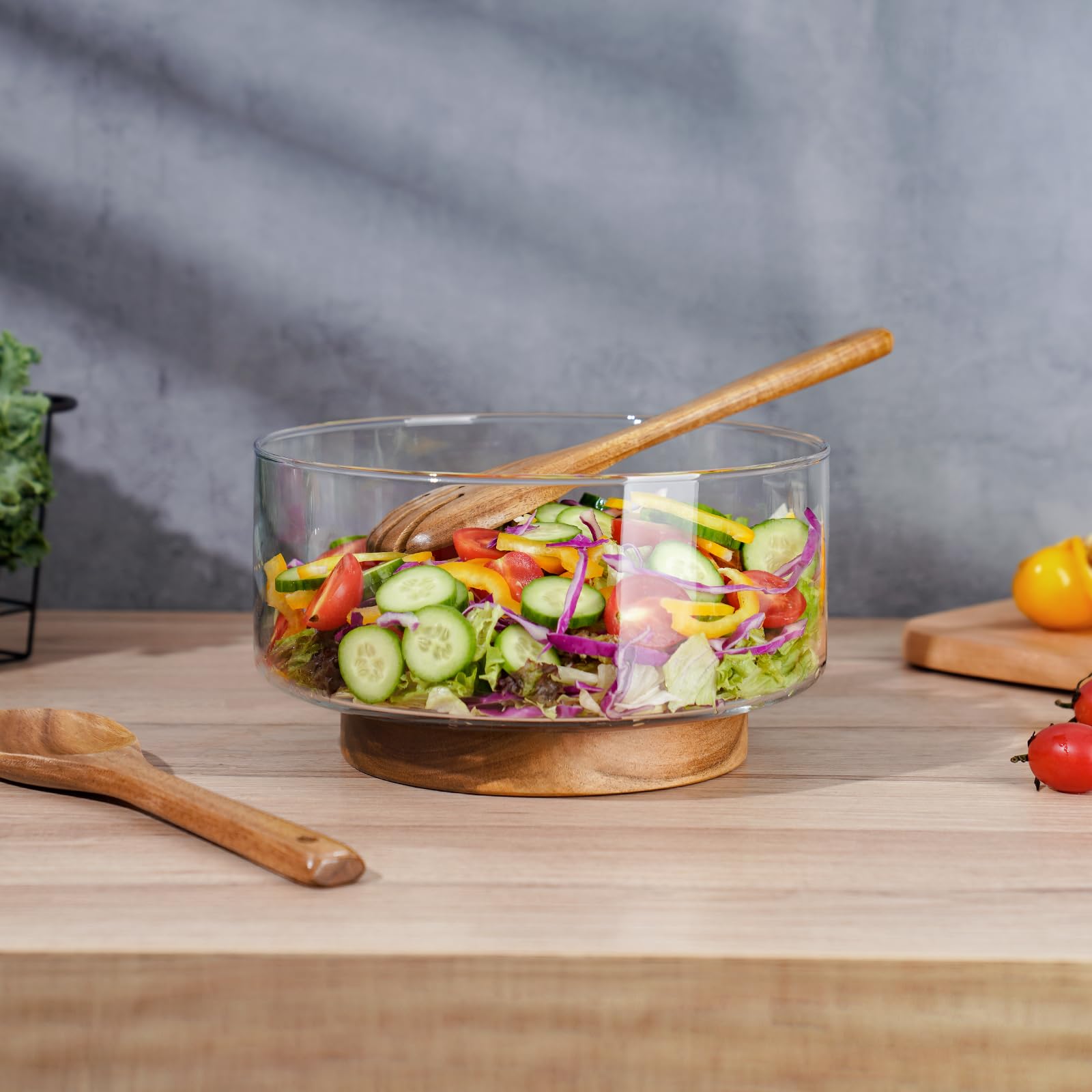 Trifle Bowl NiHome Glass Salad Bowl With Salad Tongs Acacia Wood
