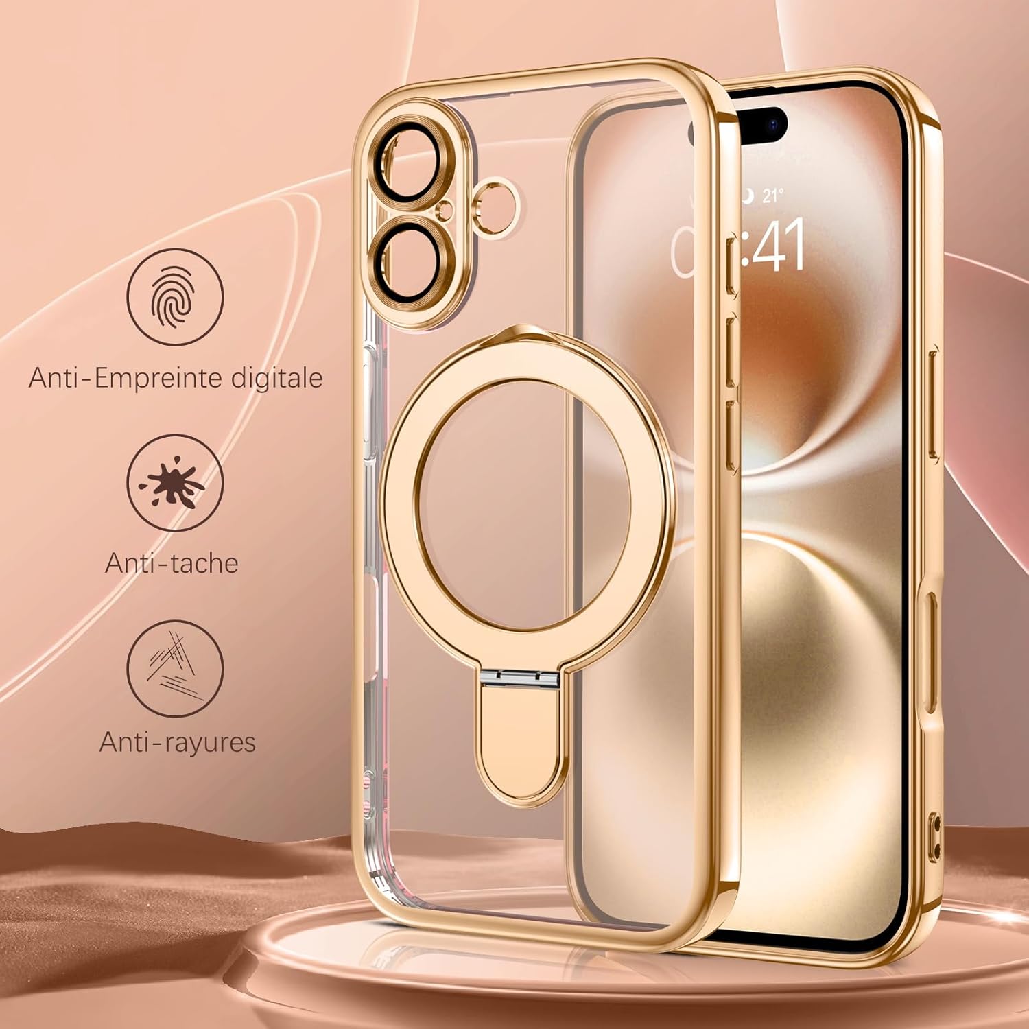 GUAGUA for iPhone 16 Plus Case with Stand, Magnetic Clear Cases Plating Edge Invisible Foldable Ring Holder Slim Shockproof Protective Kickstand Case for iPhone 16 Plus 6.7 inch, Desert Titanium Gold - Image 4