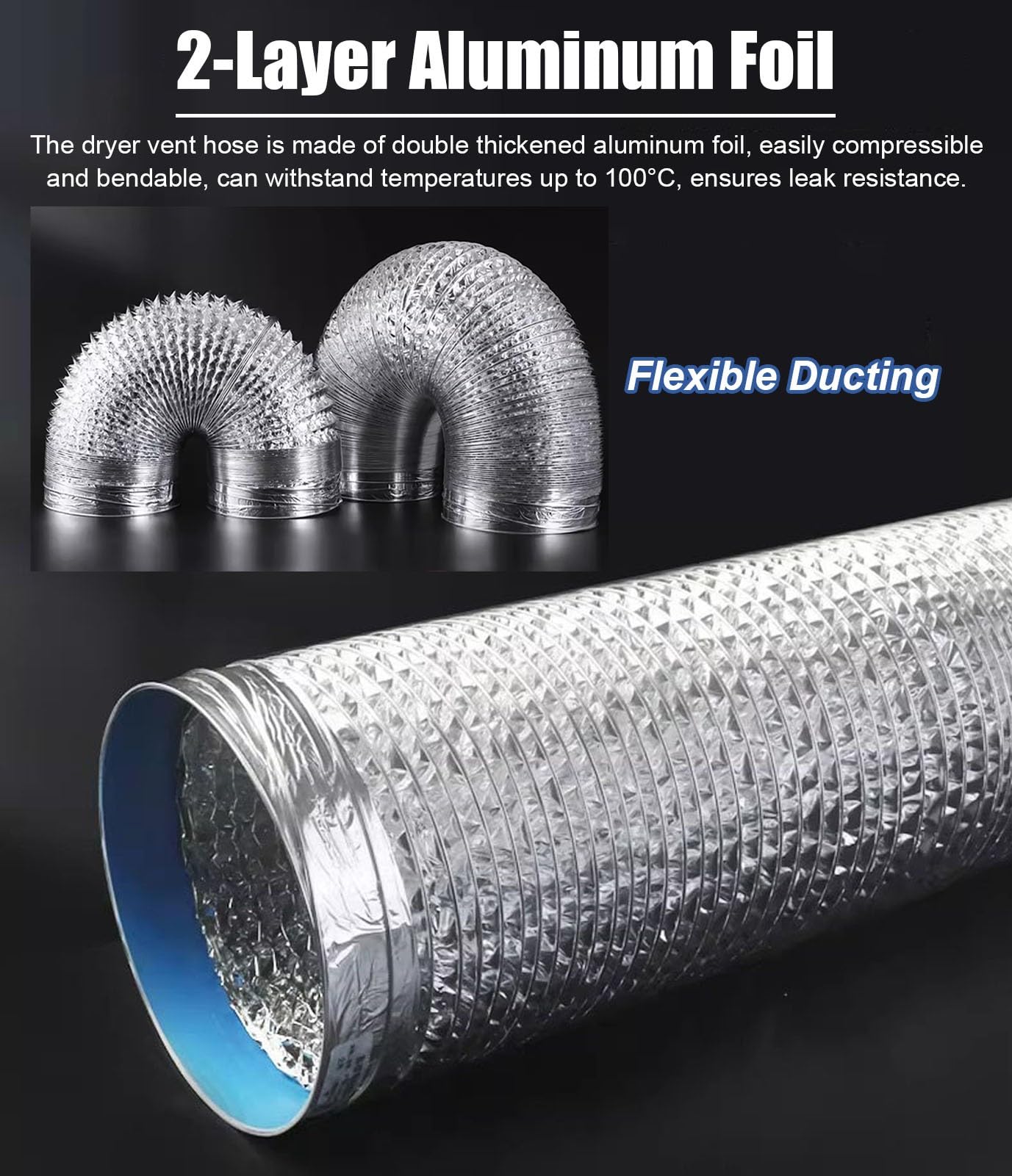 Vibeo Tubo Cappa Condotto Flessibile per Cappa Aspirante da Cucina, Tubo Flessibile per Asciugatrice da 8, 10, 12 cm, Tubo di Condotto in Alluminio per HVAC(120mm(4.7in),L 150cm(4.9ft))
